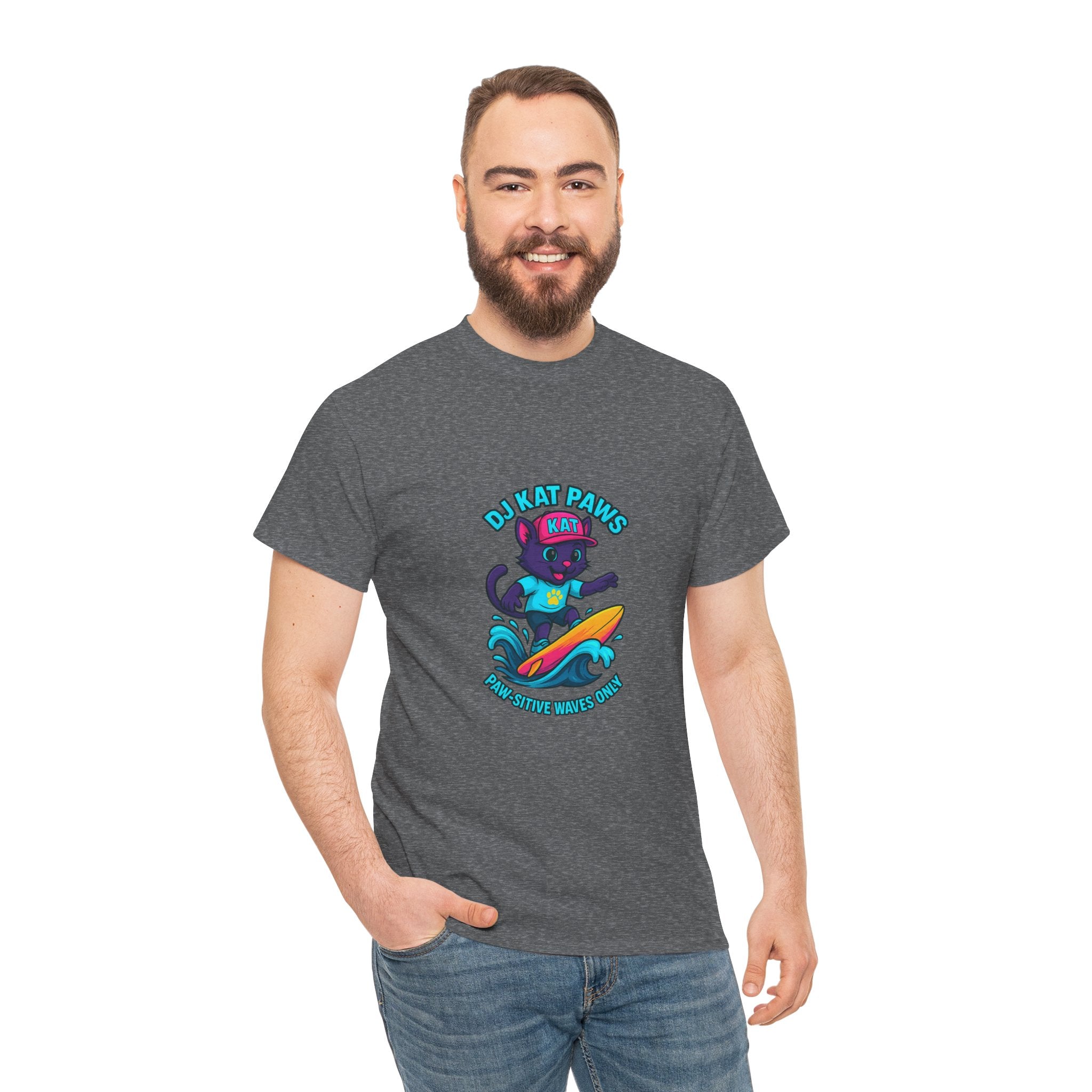 DJ KAT PAWS Surfing Fun T-Shirt | Stay Cool, Have Fun, Play Safe, Be You! | Fun Summer Tee, Gift for Cat Lovers, Beach Vibes