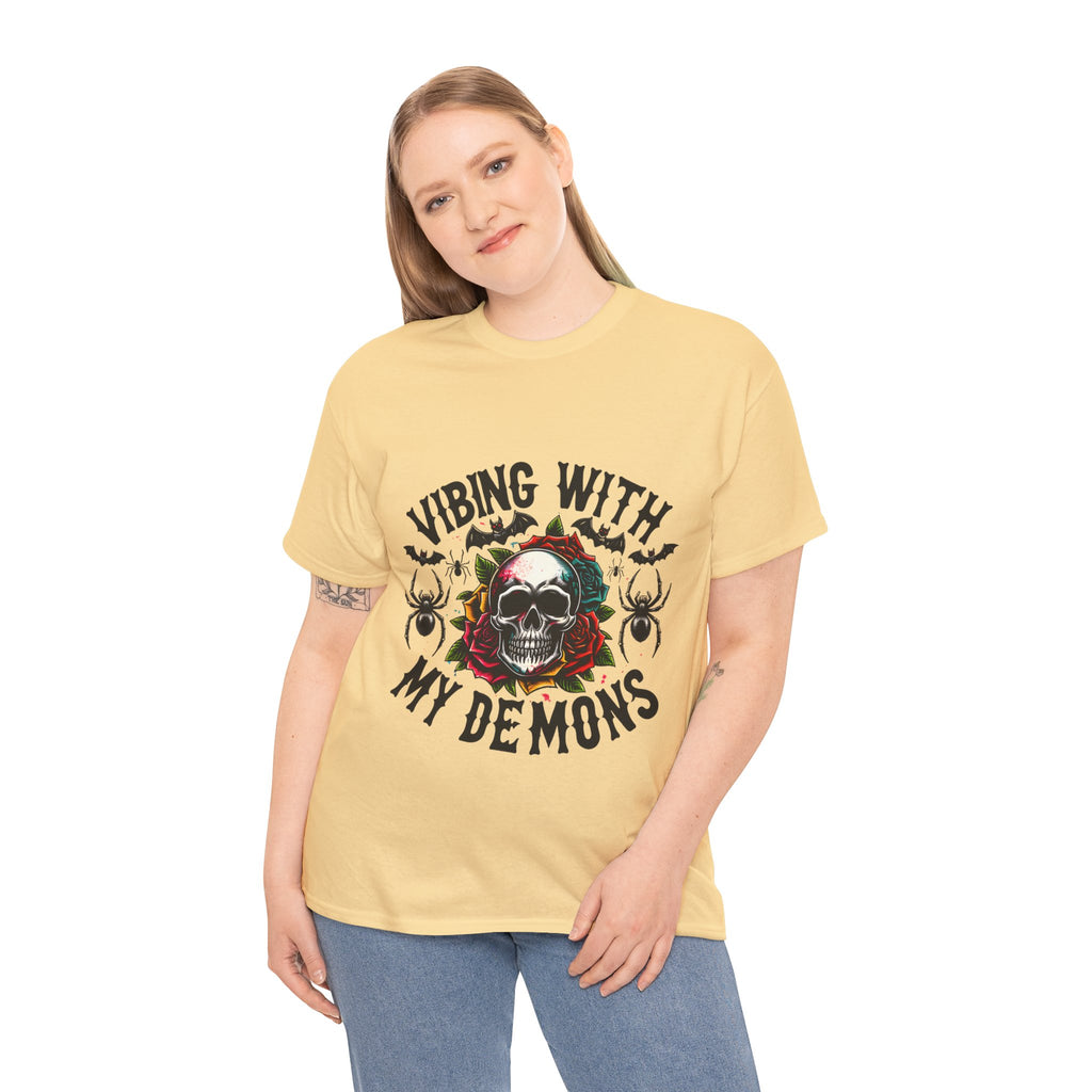 Vibing With My Demons, Halloween Skeleton & Pumpkin Tee, Spooky Season Apparel, Fall Fashion, Gift for Halloween Lovers