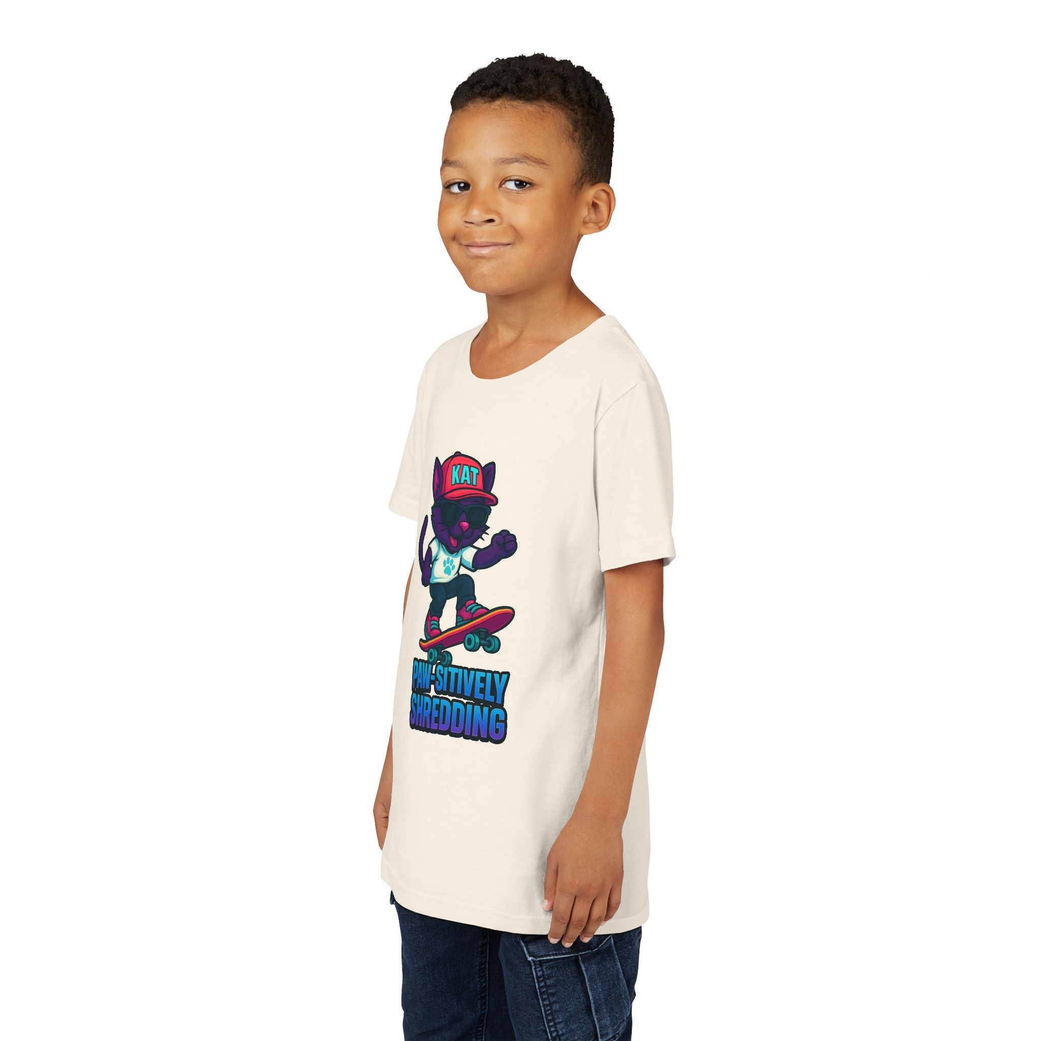 DJ KAT PAWS Paw-sitively Shredding, Skateboarding Youth Tee | Fun Summer Shirt, Motivational Kids T-Shirt, Birthday Gift for Boys & Girls