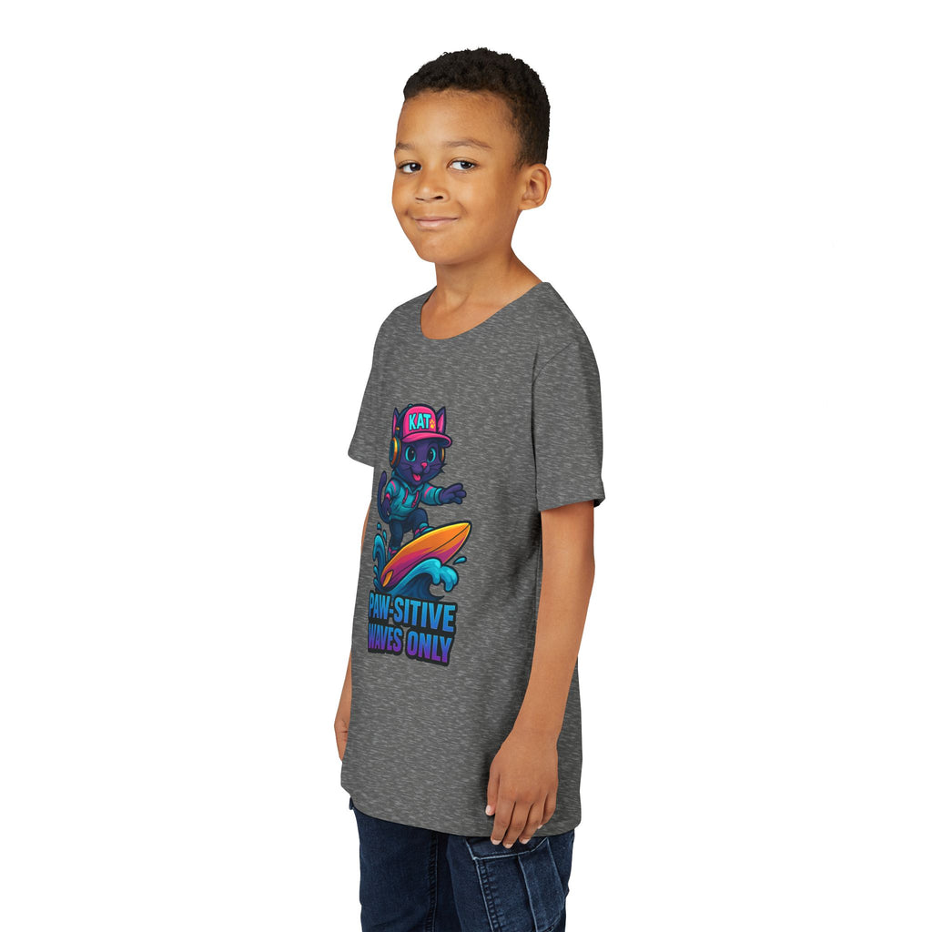 DJ KAT PAWS Paw-Sitive Waves Only, Youth Tee | Kids Surfing T-Shirt, Fun Cat Graphic Top, Summer Apparel, Gifts for Animal Lovers