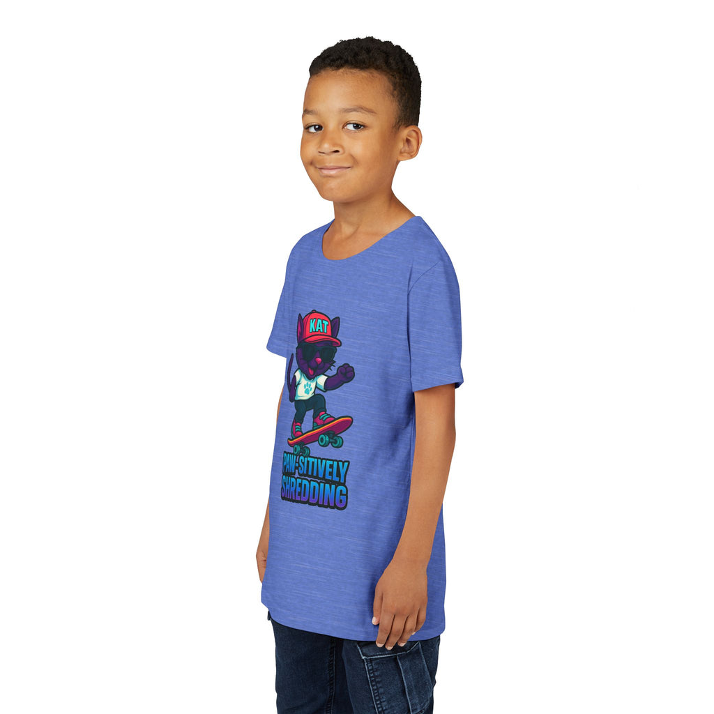 DJ KAT PAWS Paw-sitively Shredding, Skateboarding Youth Tee | Fun Summer Shirt, Motivational Kids T-Shirt, Birthday Gift for Boys & Girls