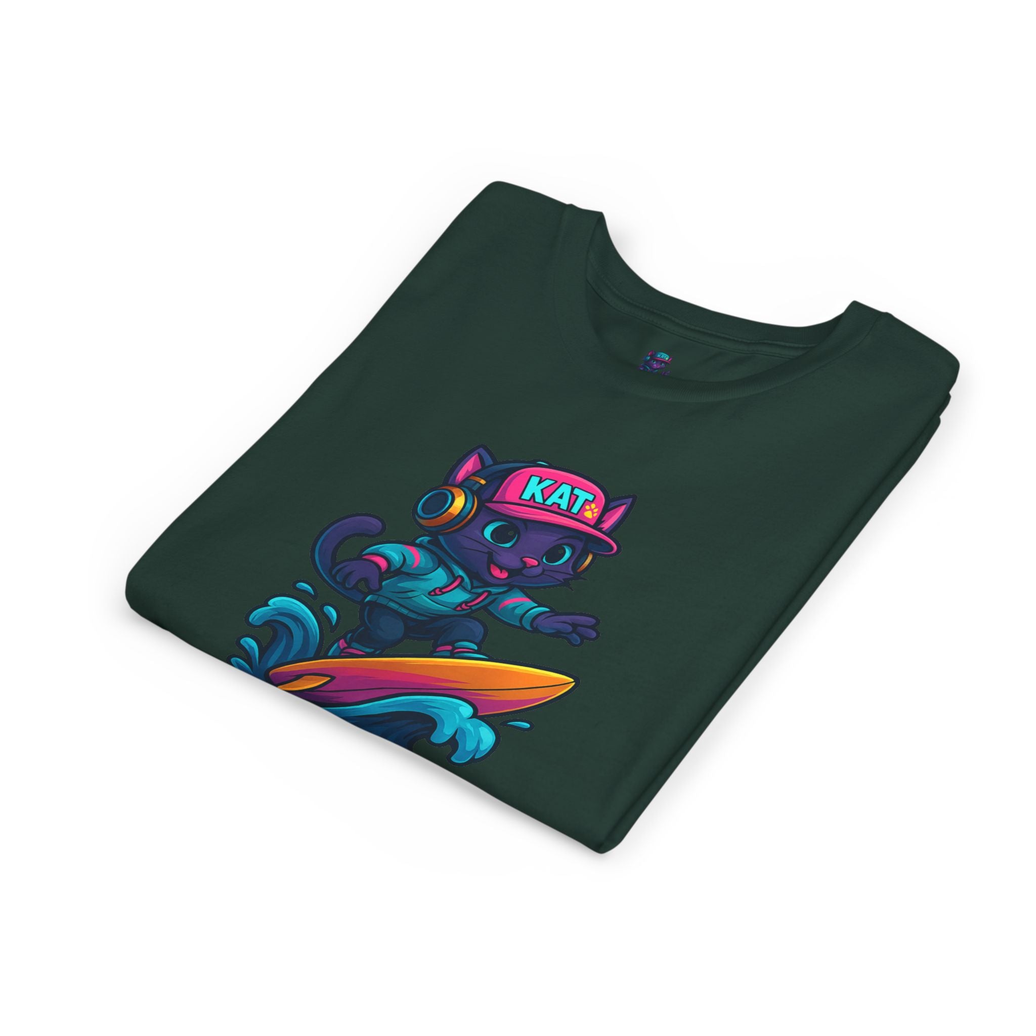DJ KAT PAWS Paw-Sitive Waves Only, Youth Tee | Kids Surfing T-Shirt, Fun Cat Graphic Top, Summer Apparel, Gifts for Animal Lovers