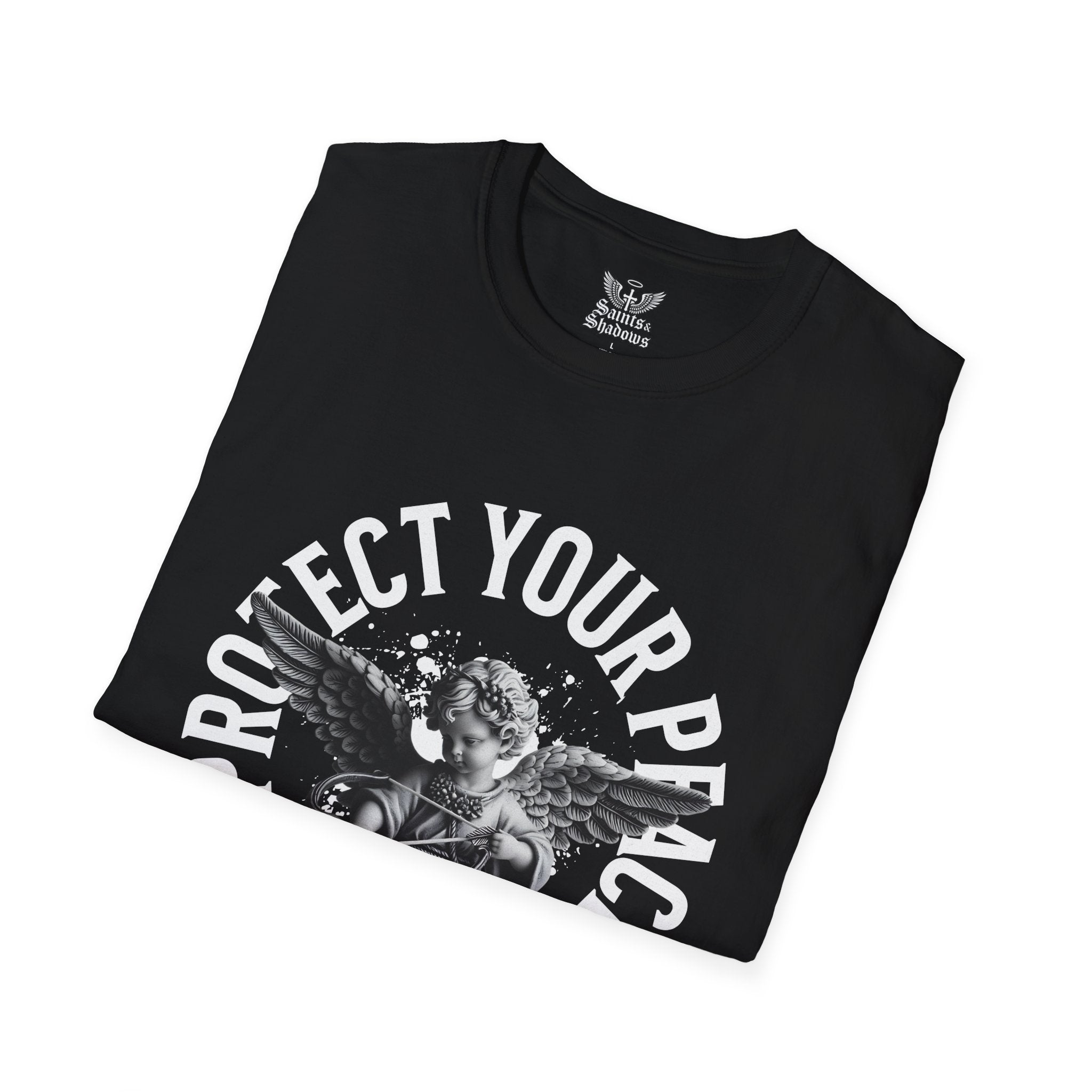 Saints and Shadows - Protect Your Peace, Angelic Artwork Unisex Softstyle T-Shirt, Casual Wear