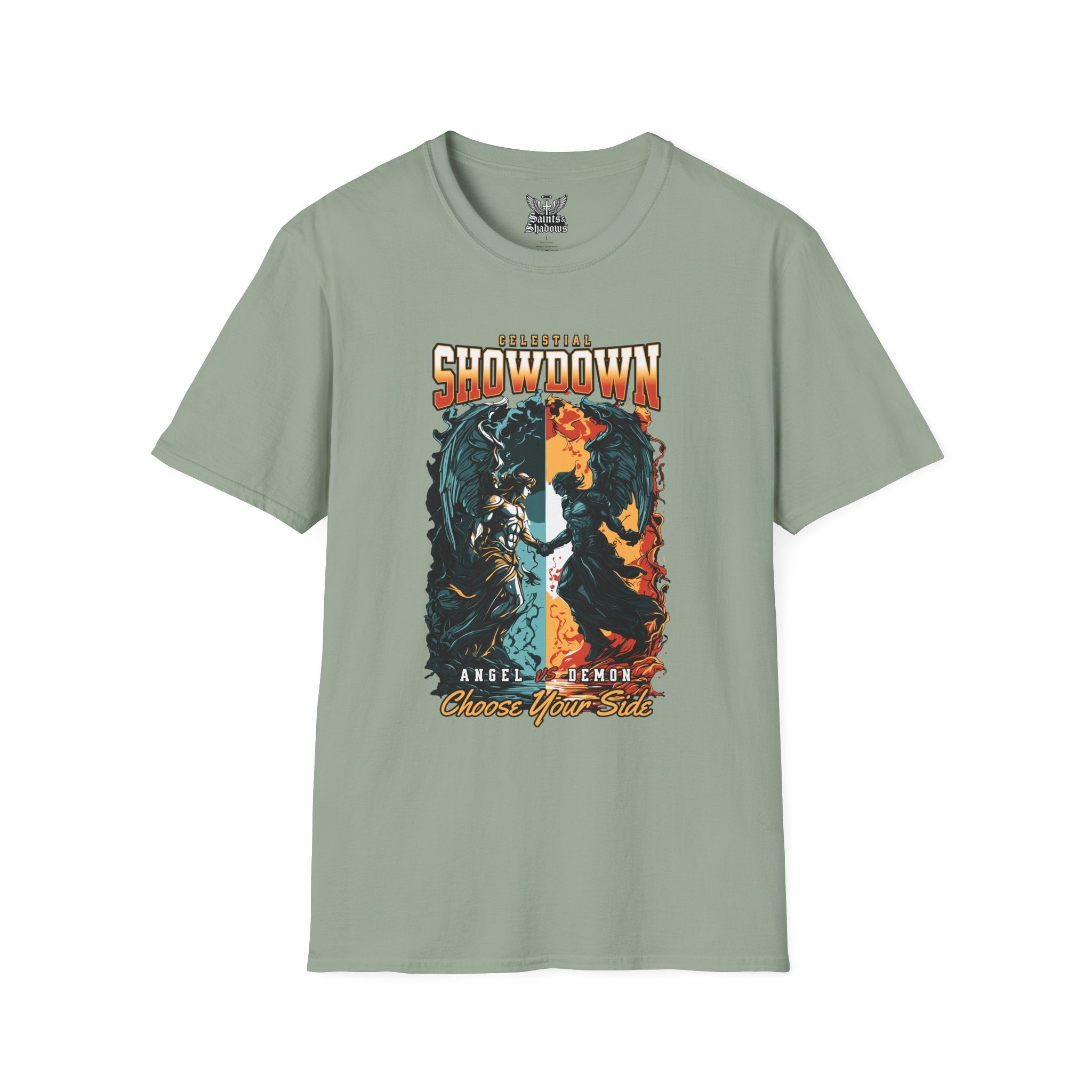 Saints and Shadows - Epic Showdown, Angelic Artwork Unisex Softstyle T-Shirt, Casual Wear