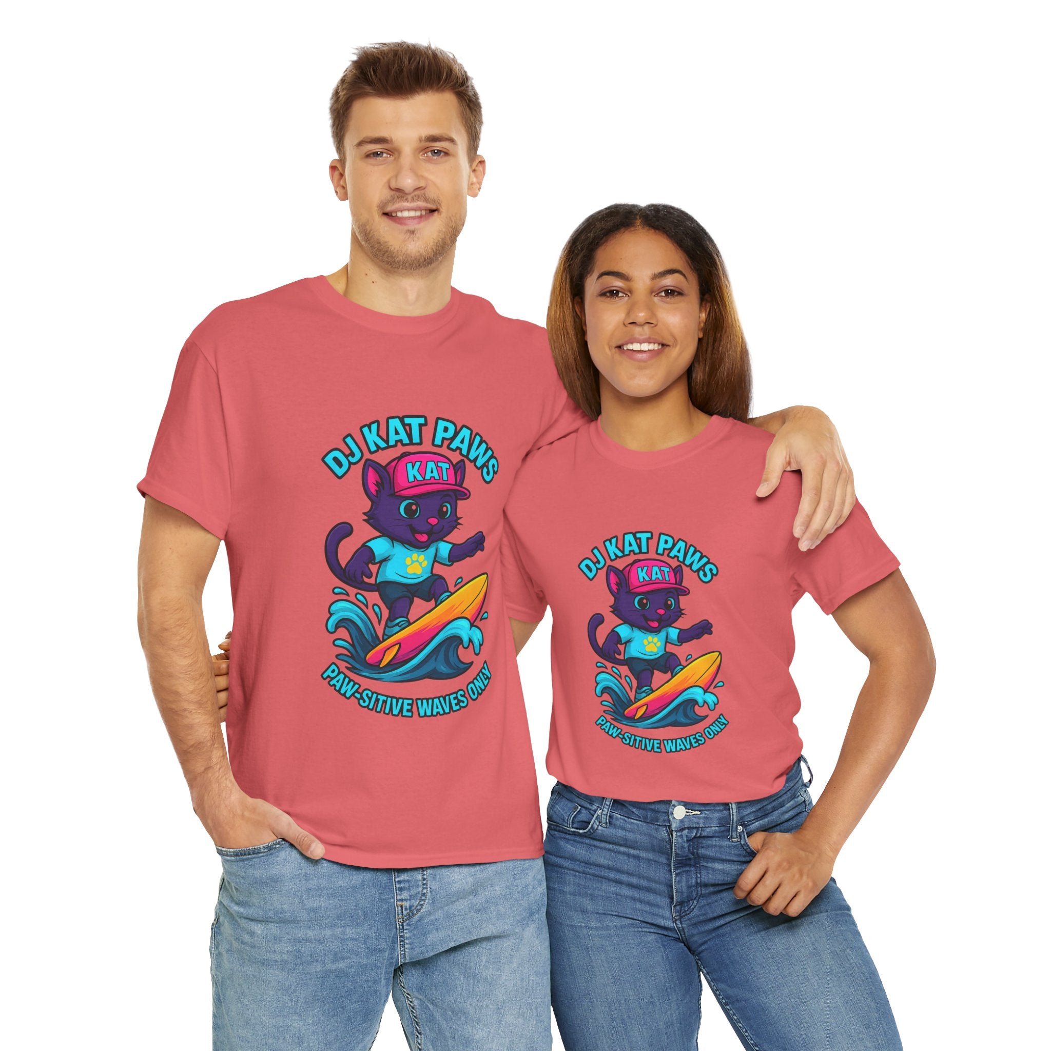 DJ KAT PAWS Surfing Fun T-Shirt | Stay Cool, Have Fun, Play Safe, Be You! | Fun Summer Tee, Gift for Cat Lovers, Beach Vibes
