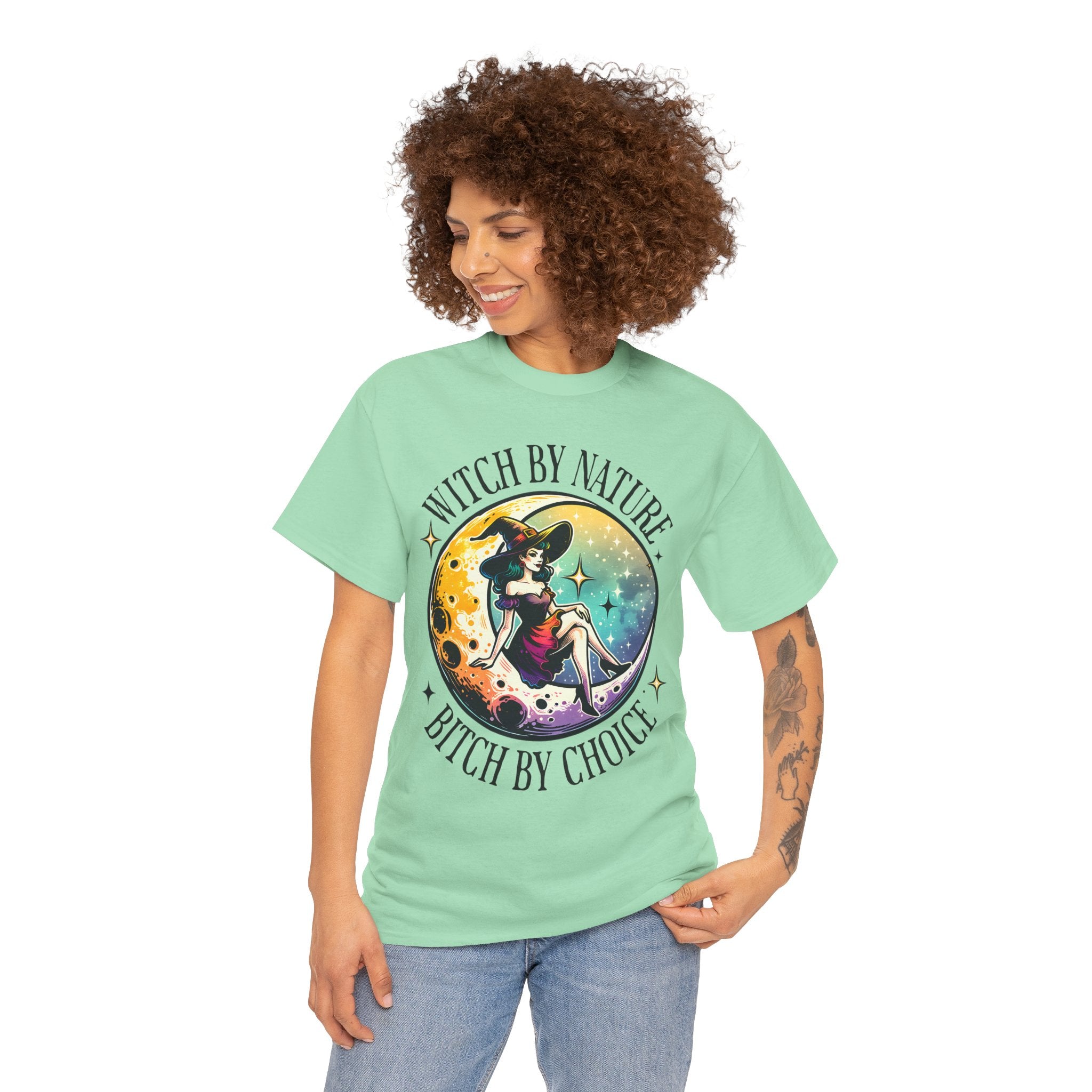 Witchy Cotton Tee - "Witch by Nature, Bitch by Choice" | Unisex Tee for Spooky Season, Boho Fashion, Festival Wear, Gift for Witches
