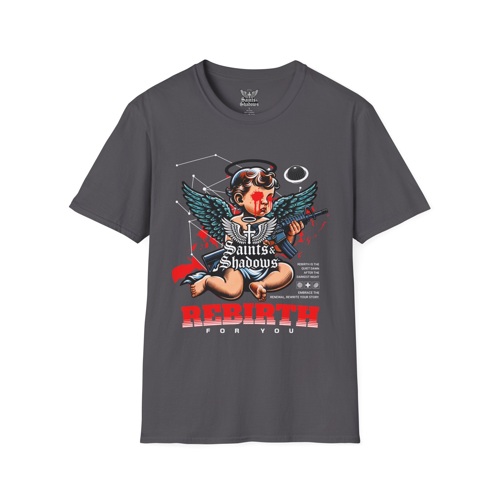 Saints and Shadows - Rebirth, Angelic Artwork Unisex Softstyle T-Shirt, Casual Wear