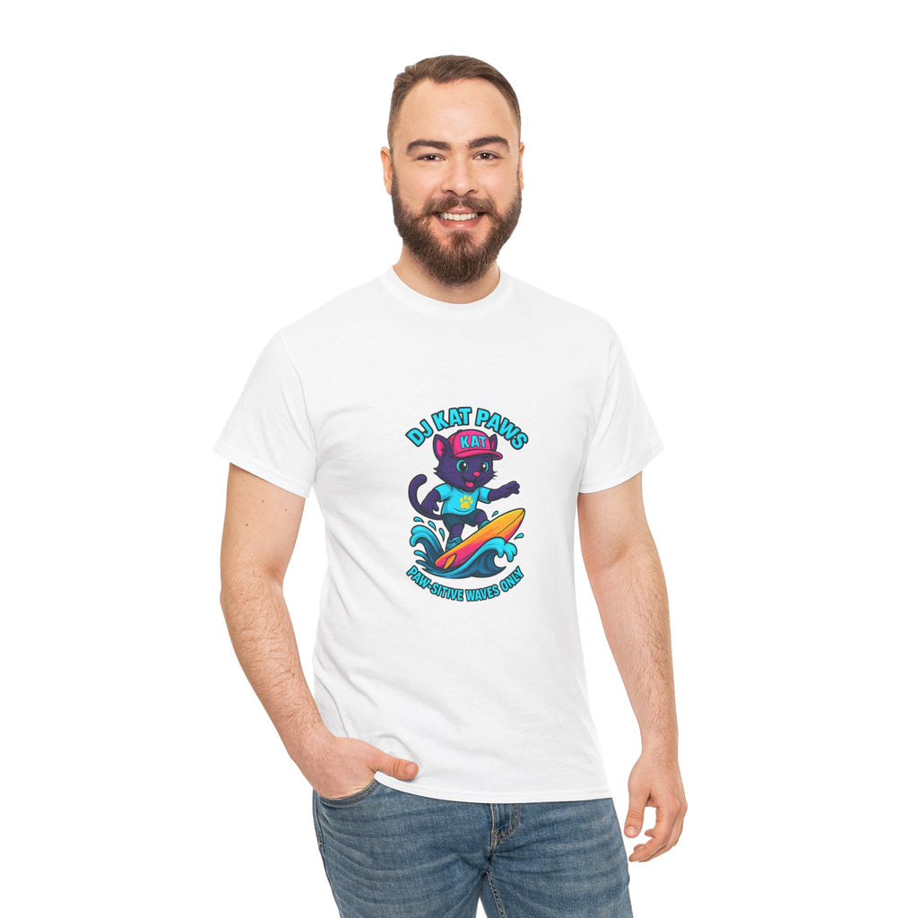DJ KAT PAWS Surfing Fun T-Shirt | Stay Cool, Have Fun, Play Safe, Be You! | Fun Summer Tee, Gift for Cat Lovers, Beach Vibes