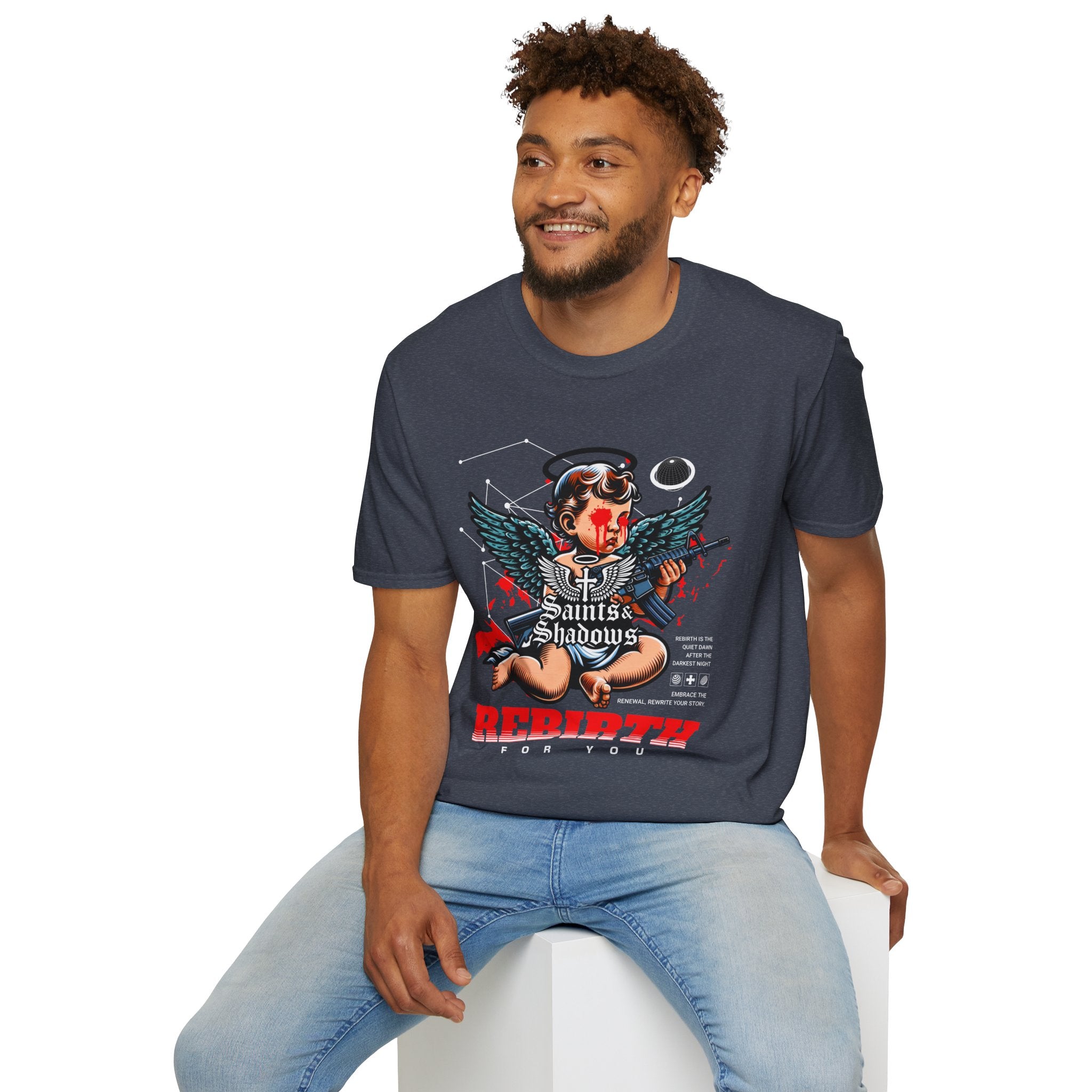 Saints and Shadows - Rebirth, Angelic Artwork Unisex Softstyle T-Shirt, Casual Wear