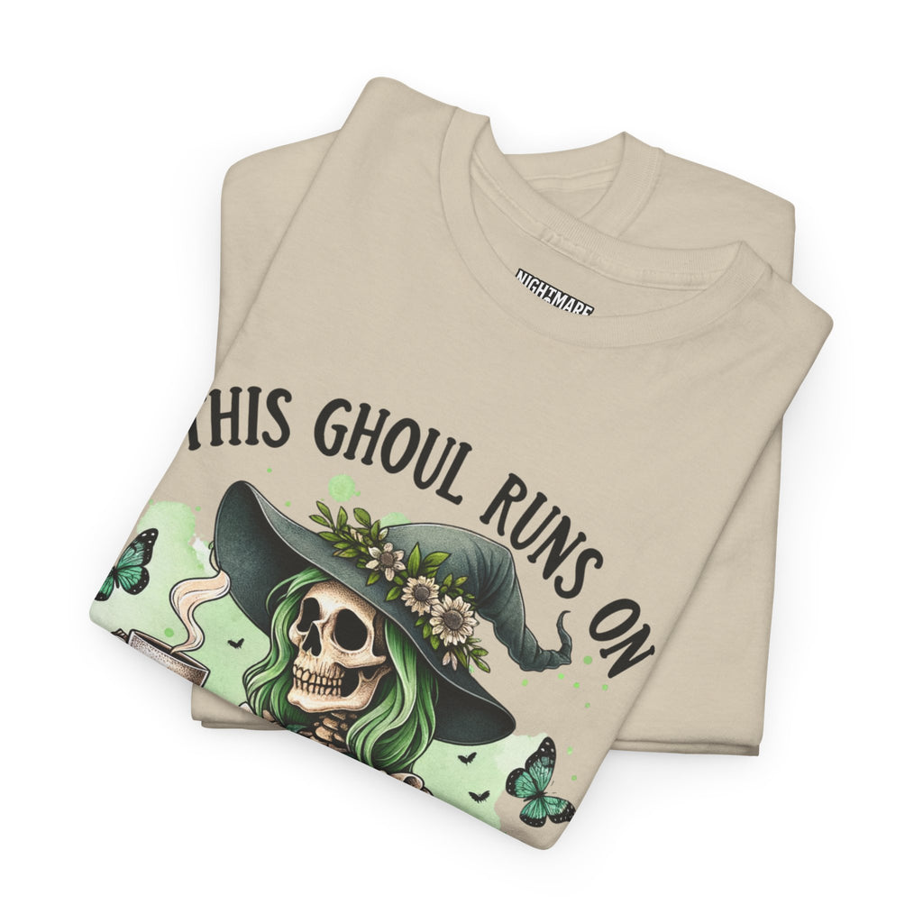 Caffeine and Sarcasm, Funny Halloween Tee, Unisex Tee, Perfect for Gifting, October Festivities, Casual Wear, Skeleton Graphic Tee