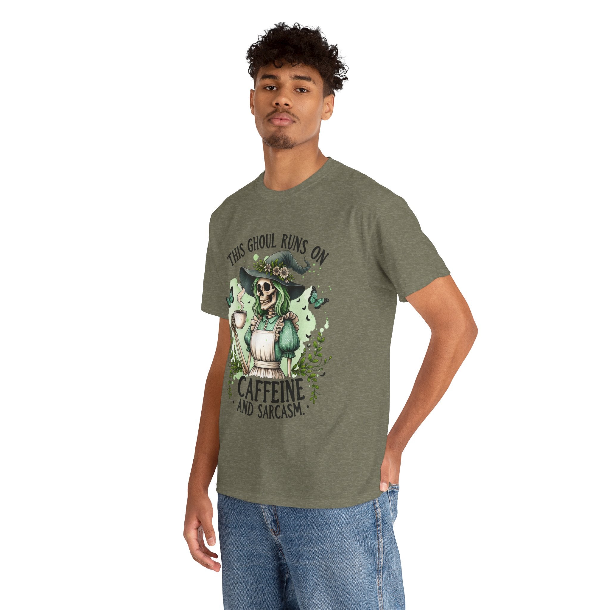 Caffeine and Sarcasm, Funny Halloween Tee, Unisex Tee, Perfect for Gifting, October Festivities, Casual Wear, Skeleton Graphic Tee