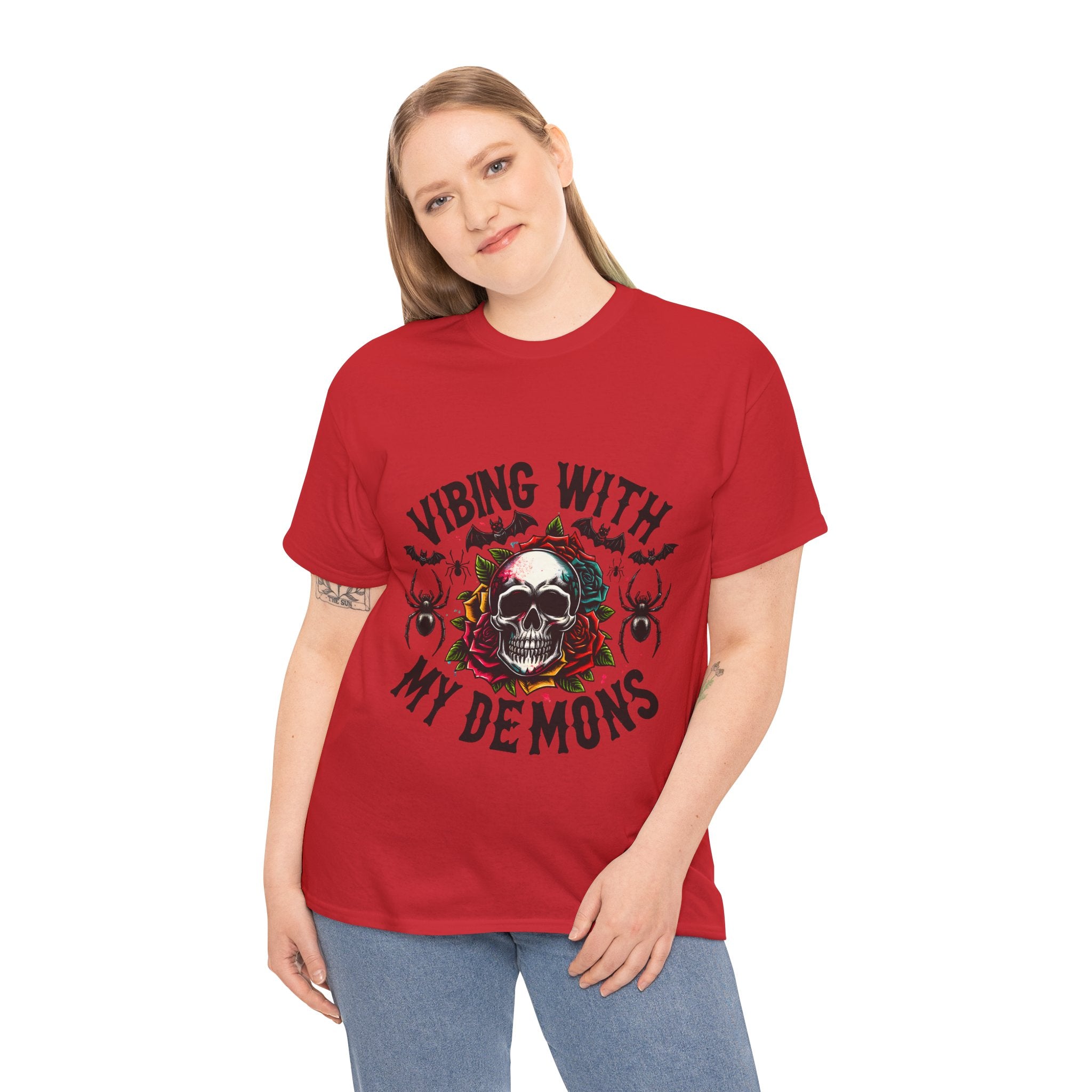 Vibing With My Demons, Halloween Skeleton & Pumpkin Tee, Spooky Season Apparel, Fall Fashion, Gift for Halloween Lovers