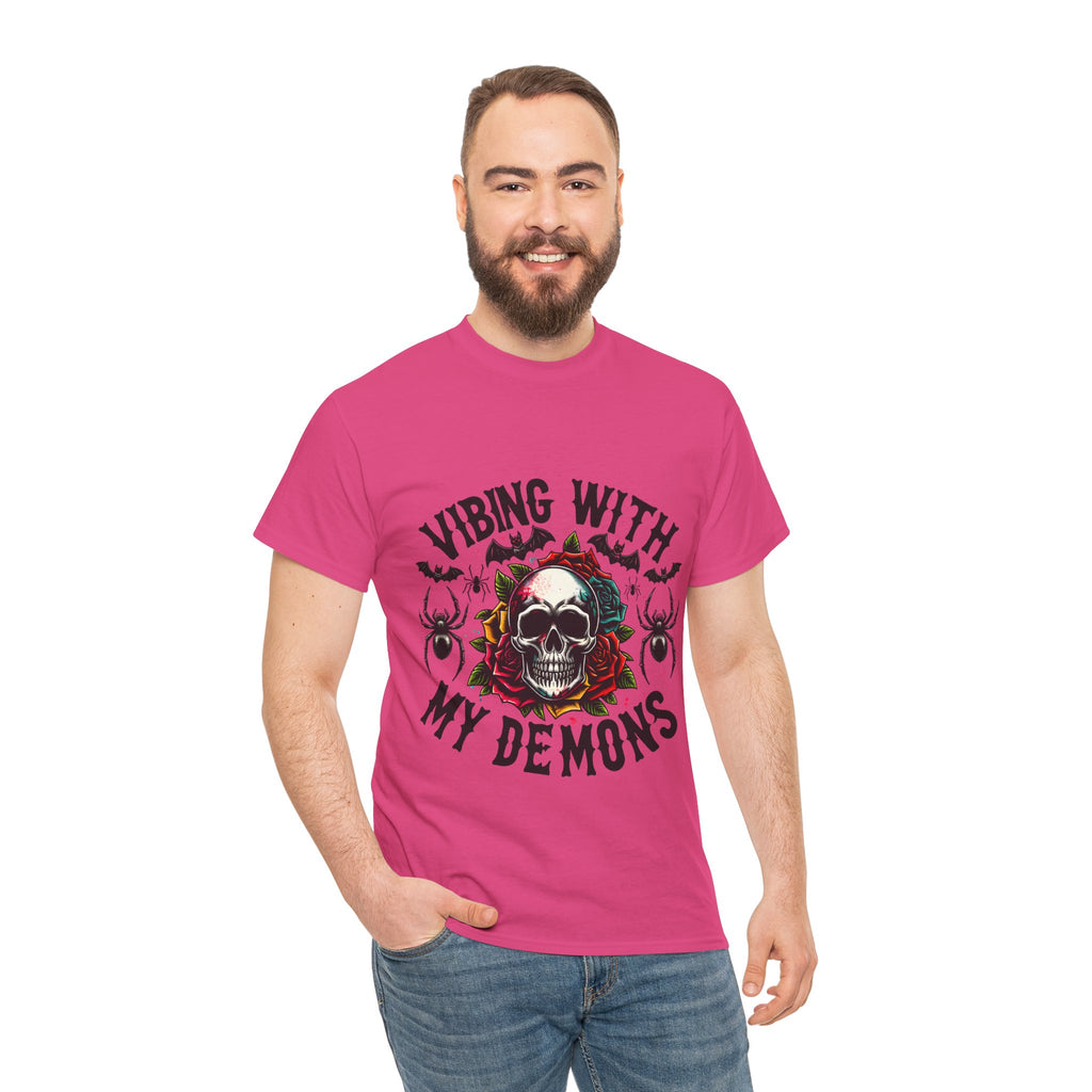 Vibing With My Demons, Halloween Skeleton & Pumpkin Tee, Spooky Season Apparel, Fall Fashion, Gift for Halloween Lovers