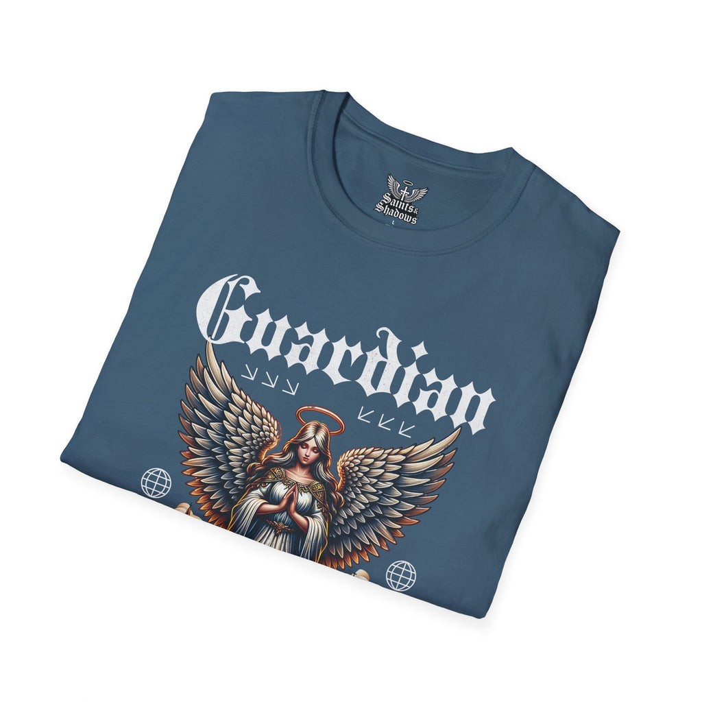 Saints and Shadows - Guardian of the Skyline, Angelic Artwork Unisex Softstyle T-Shirt, Casual Wear