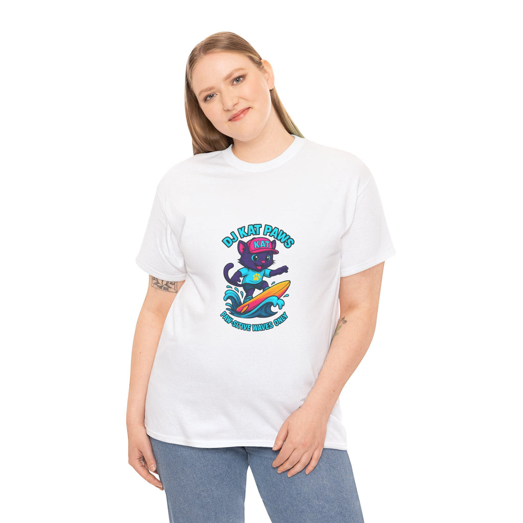 DJ KAT PAWS Surfing Fun T-Shirt | Stay Cool, Have Fun, Play Safe, Be You! | Fun Summer Tee, Gift for Cat Lovers, Beach Vibes