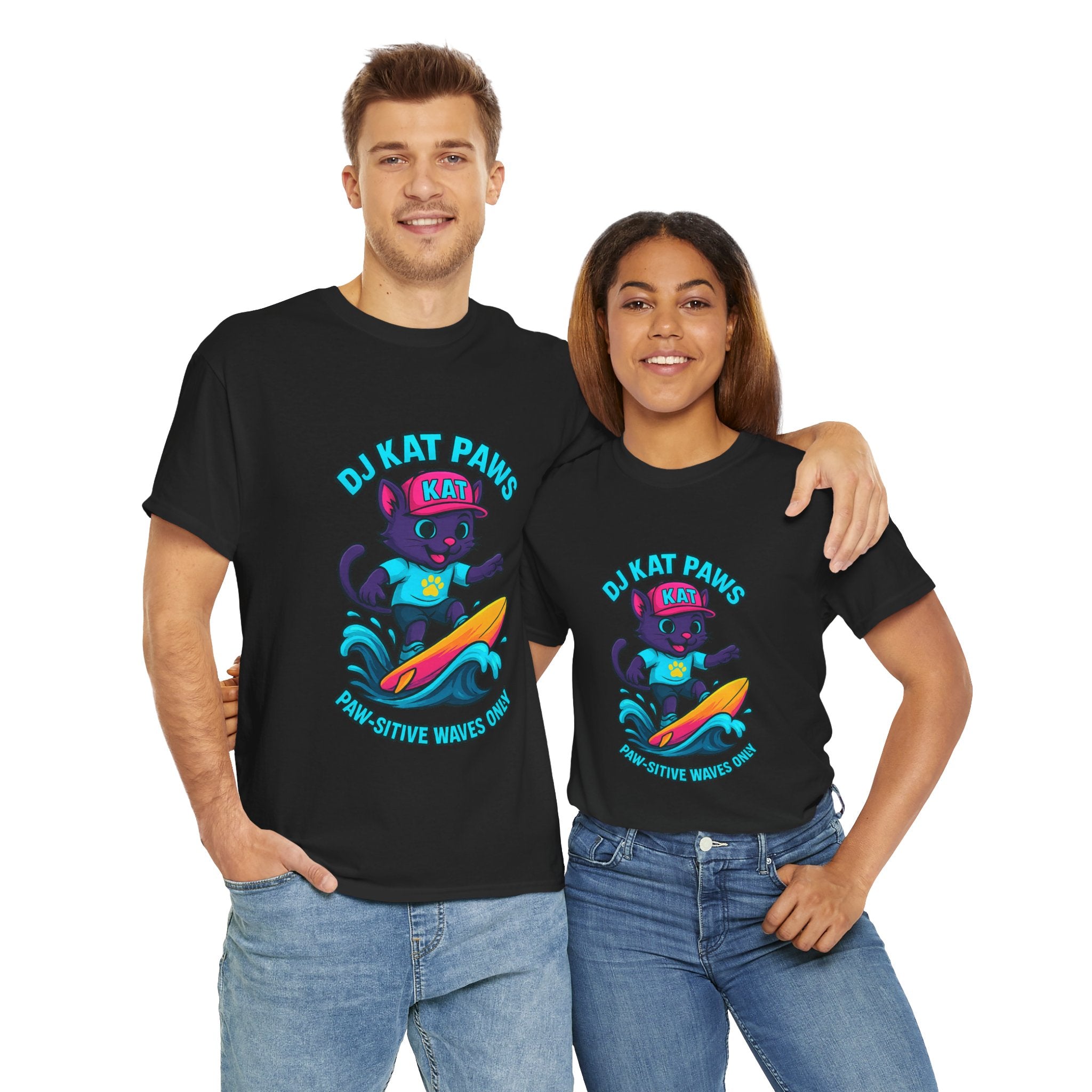 DJ KAT PAWS Surfing Fun T-Shirt | Stay Cool, Have Fun, Play Safe, Be You! | Fun Summer Tee, Gift for Cat Lovers, Beach Vibes