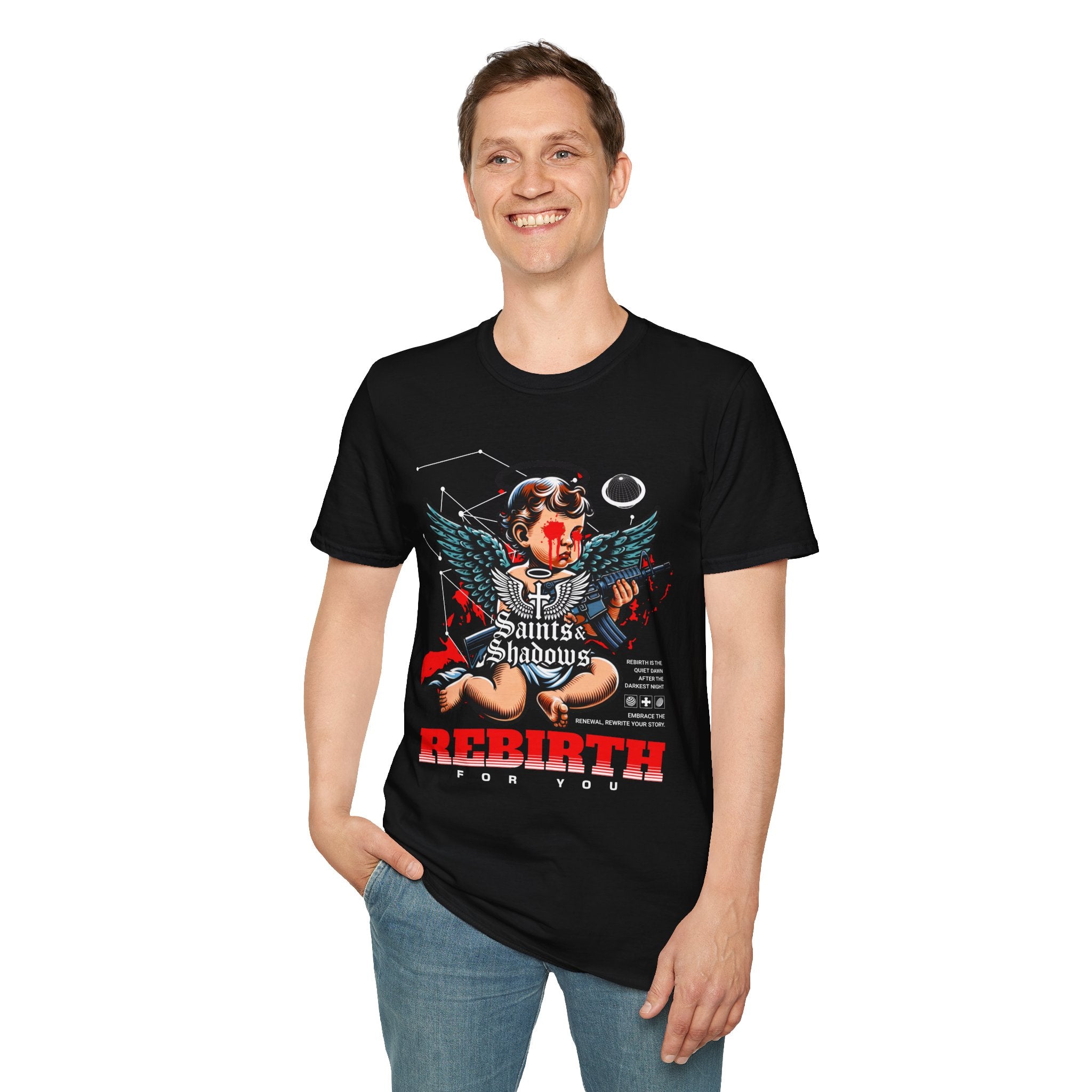 Saints and Shadows - Rebirth, Angelic Artwork Unisex Softstyle T-Shirt, Casual Wear