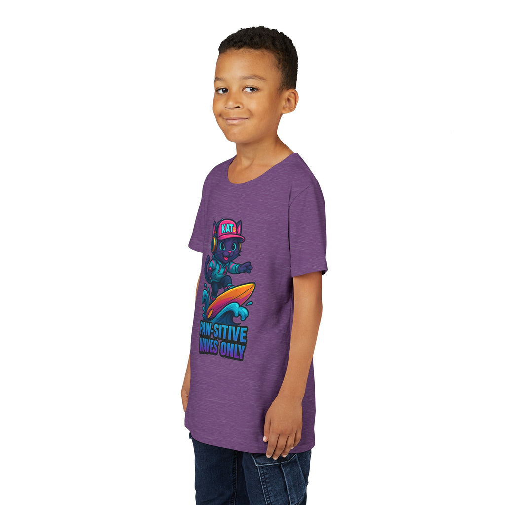 DJ KAT PAWS Paw-Sitive Waves Only, Youth Tee | Kids Surfing T-Shirt, Fun Cat Graphic Top, Summer Apparel, Gifts for Animal Lovers
