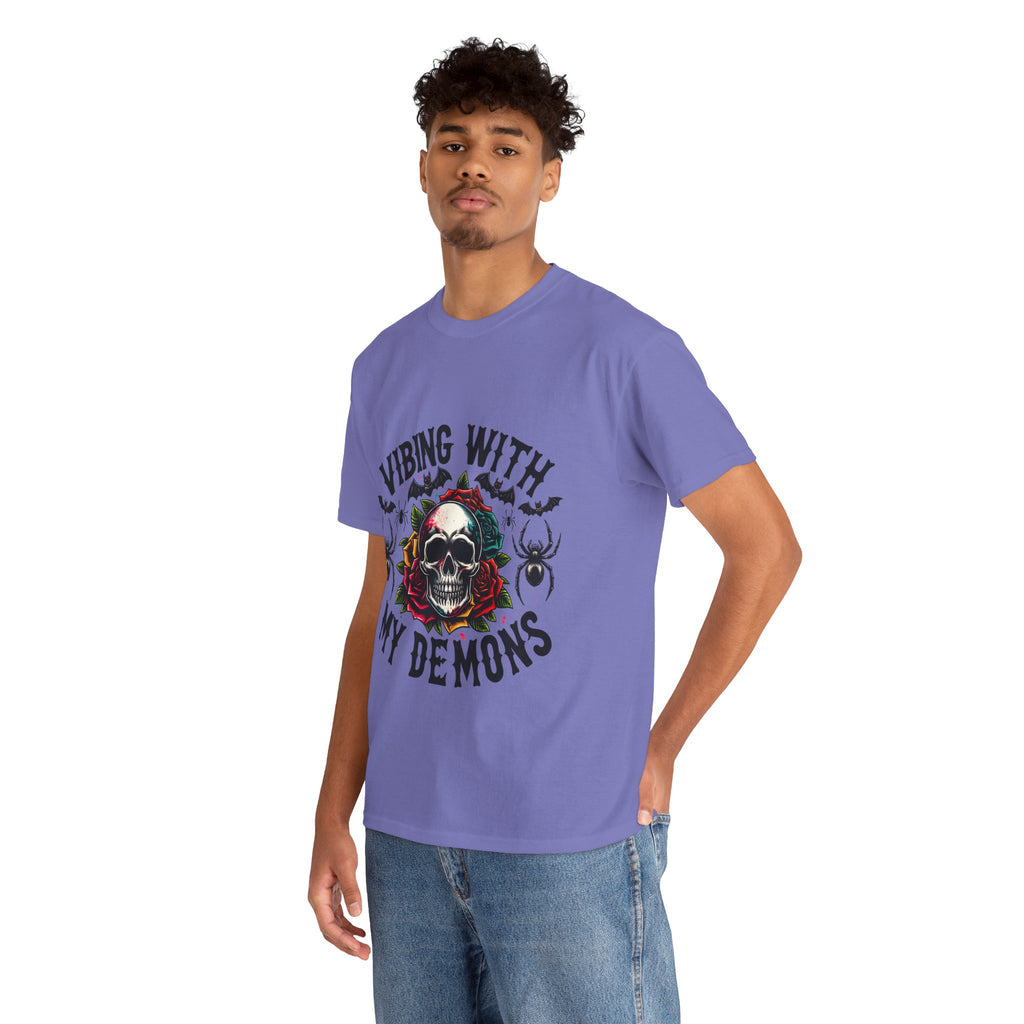 Vibing With My Demons, Halloween Skeleton & Pumpkin Tee, Spooky Season Apparel, Fall Fashion, Gift for Halloween Lovers