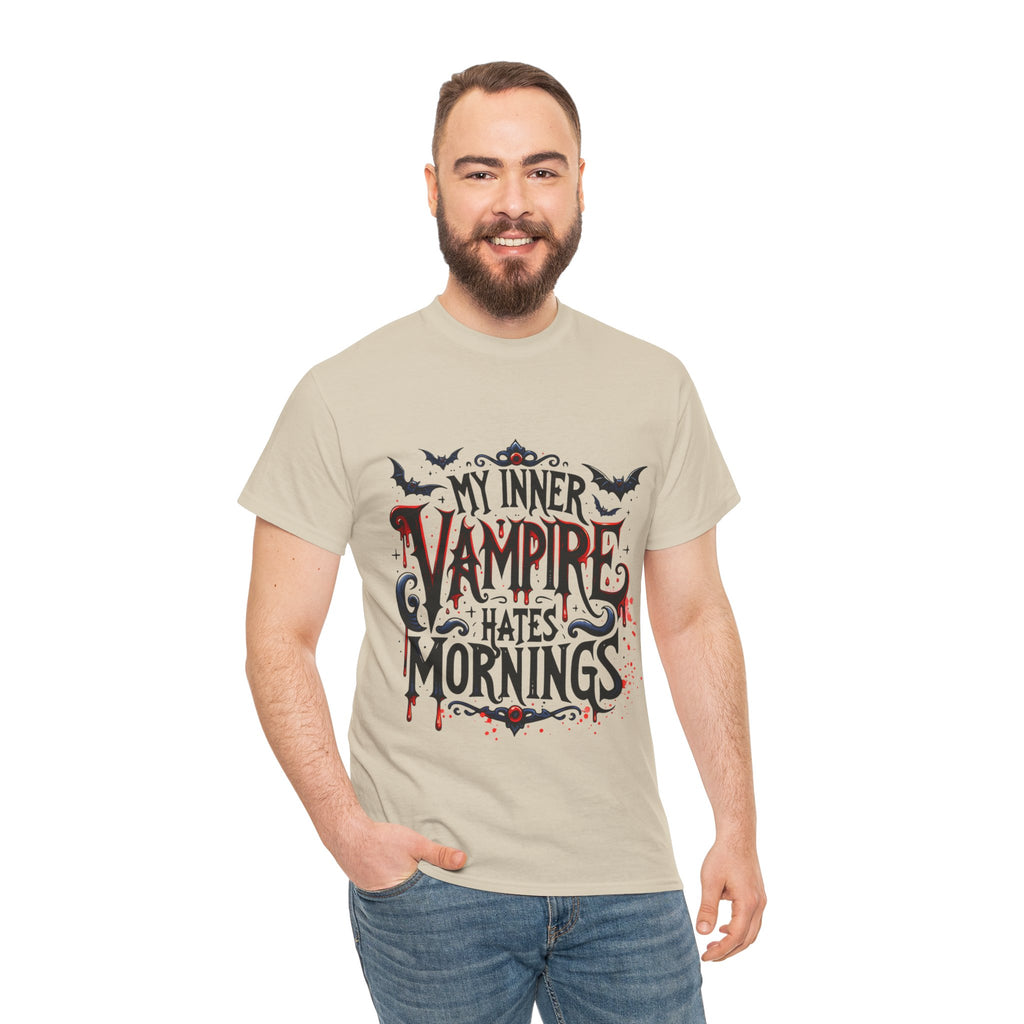 My Inner Vampire Hates Mornings, Tee - Unisex Heavy Cotton Shirt for Halloween, Gifts, Casual Wear, Funny T-Shirt, Vampire Lover Apparel