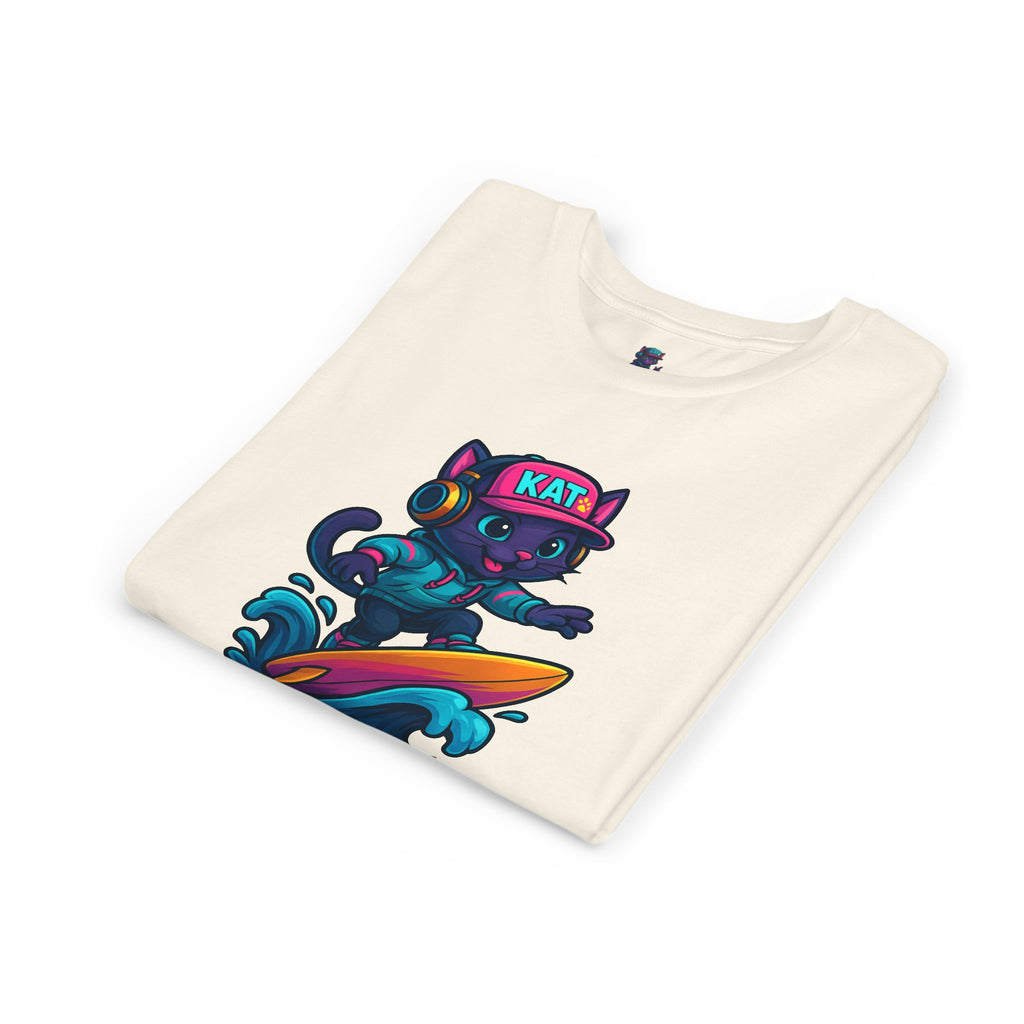 DJ KAT PAWS Paw-Sitive Waves Only, Youth Tee | Kids Surfing T-Shirt, Fun Cat Graphic Top, Summer Apparel, Gifts for Animal Lovers