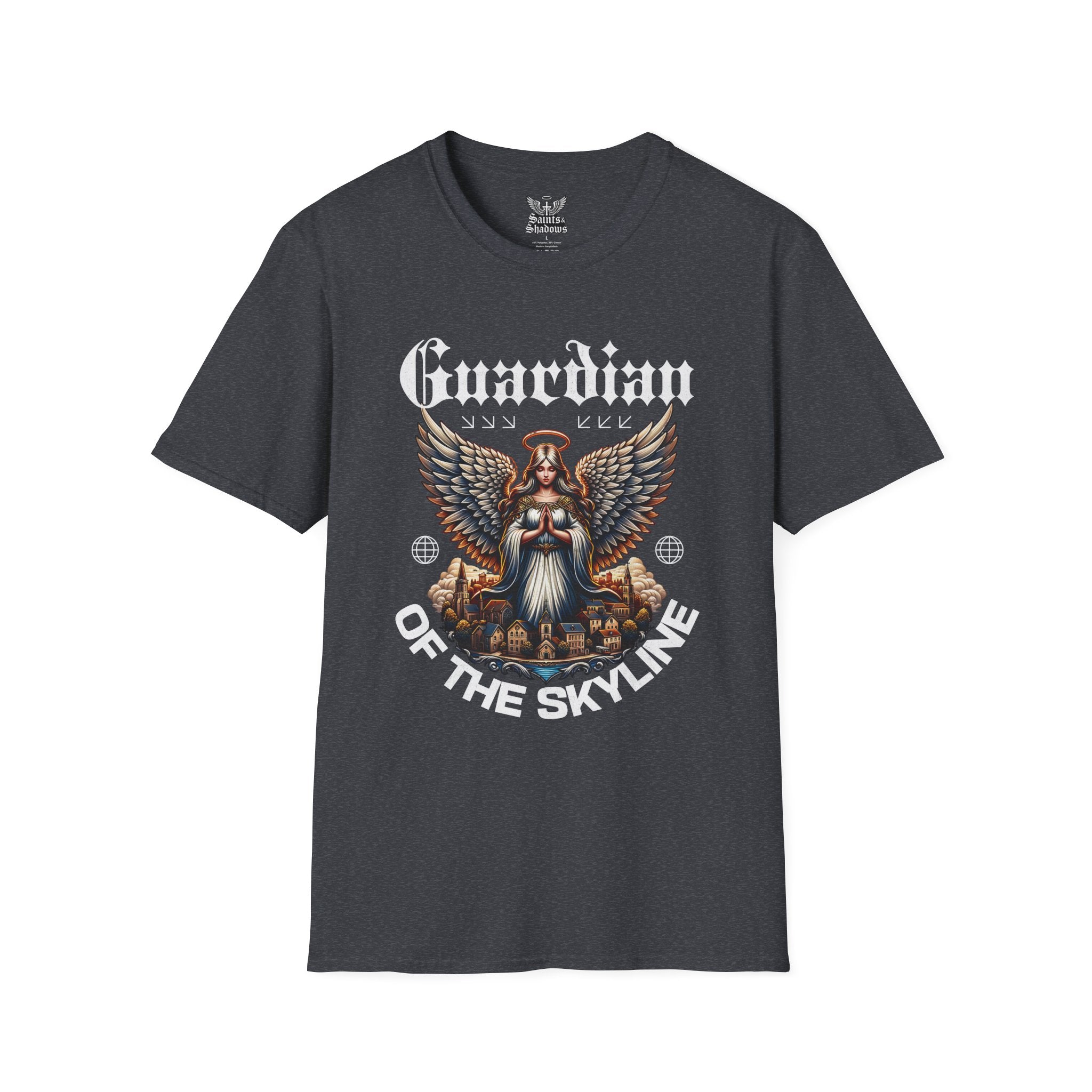 Saints and Shadows - Guardian of the Skyline, Angelic Artwork Unisex Softstyle T-Shirt, Casual Wear
