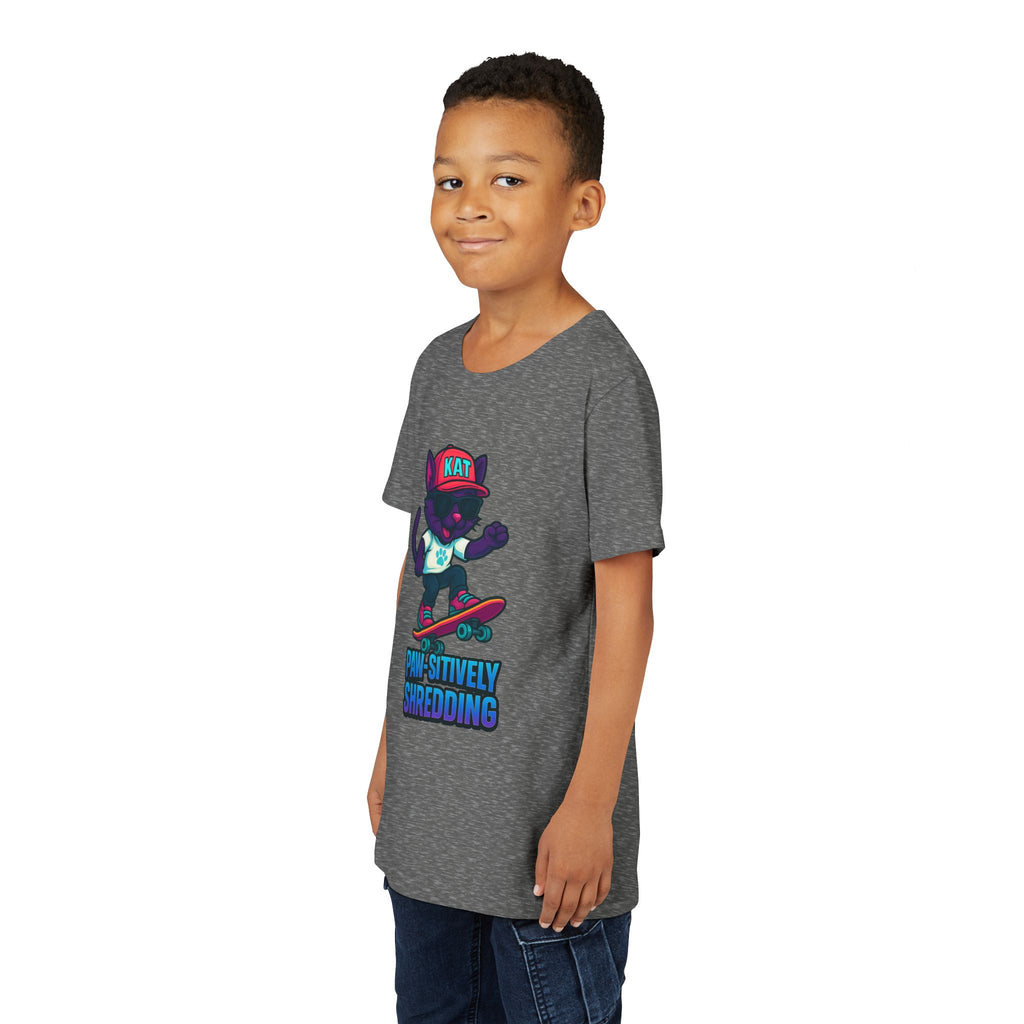 DJ KAT PAWS Paw-sitively Shredding, Skateboarding Youth Tee | Fun Summer Shirt, Motivational Kids T-Shirt, Birthday Gift for Boys & Girls