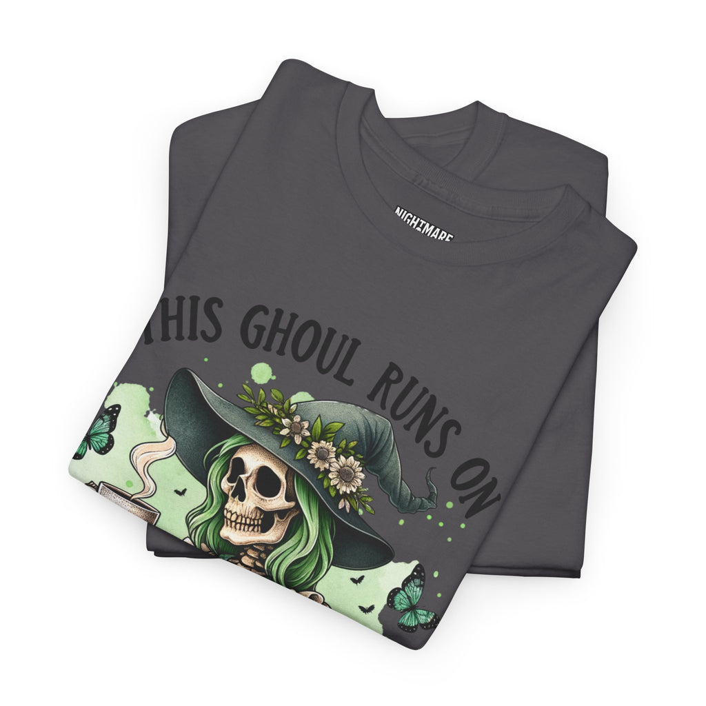 Caffeine and Sarcasm, Funny Halloween Tee, Unisex Tee, Perfect for Gifting, October Festivities, Casual Wear, Skeleton Graphic Tee