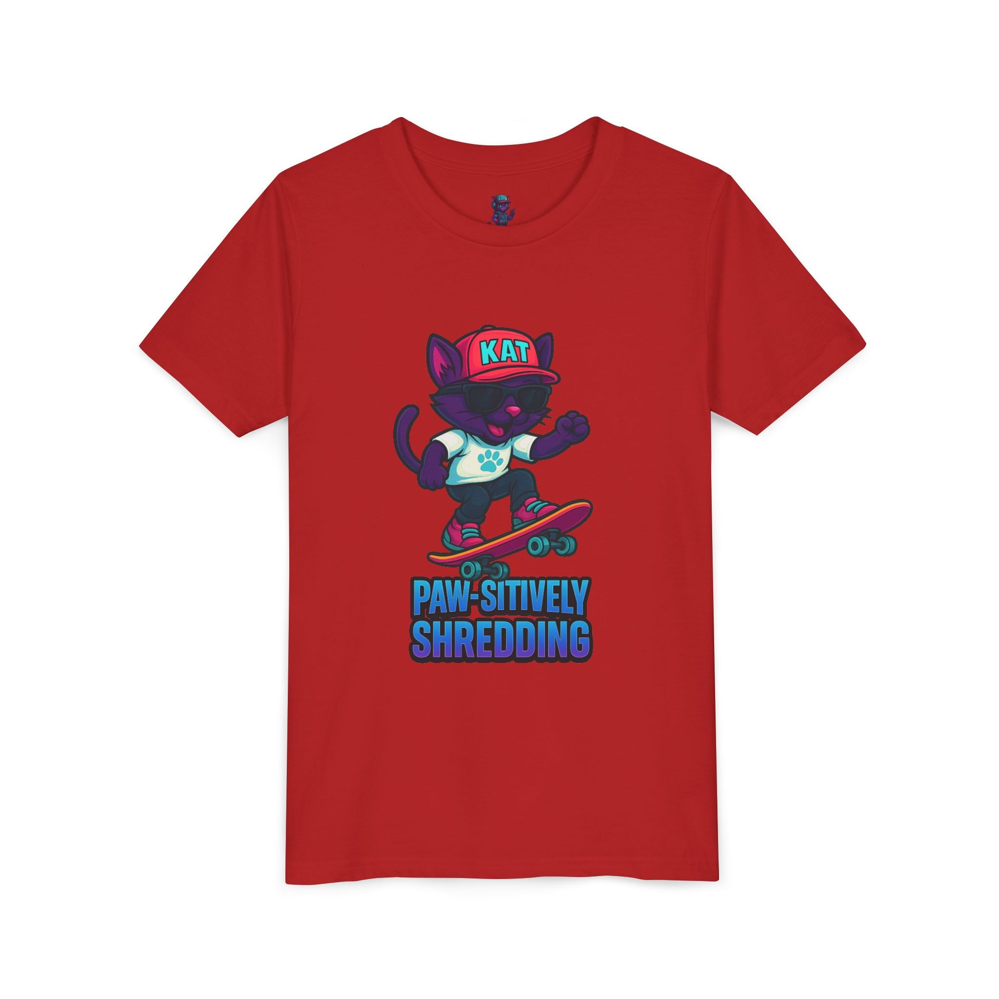 DJ KAT PAWS Paw-sitively Shredding, Skateboarding Youth Tee | Fun Summer Shirt, Motivational Kids T-Shirt, Birthday Gift for Boys & Girls