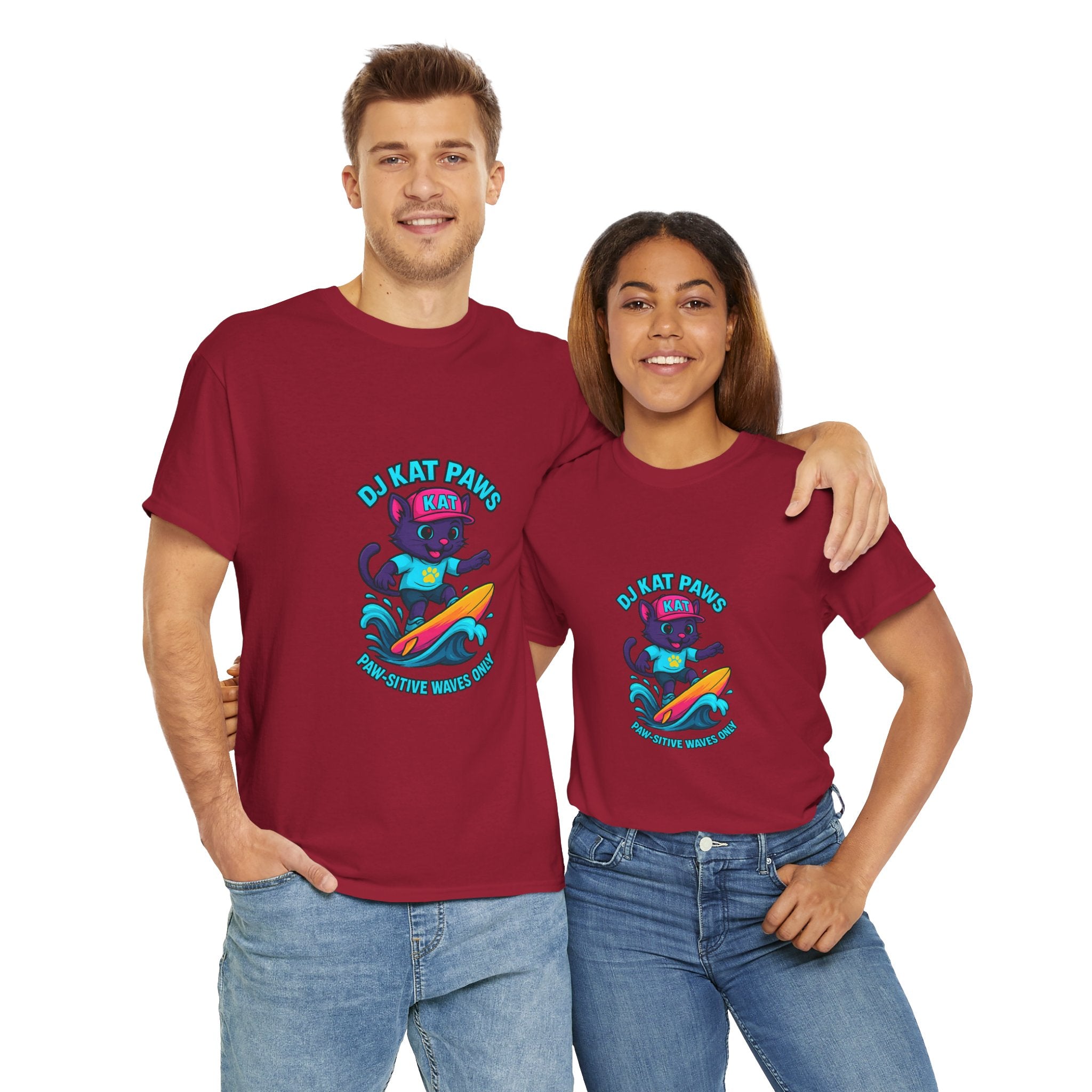 DJ KAT PAWS Surfing Fun T-Shirt | Stay Cool, Have Fun, Play Safe, Be You! | Fun Summer Tee, Gift for Cat Lovers, Beach Vibes