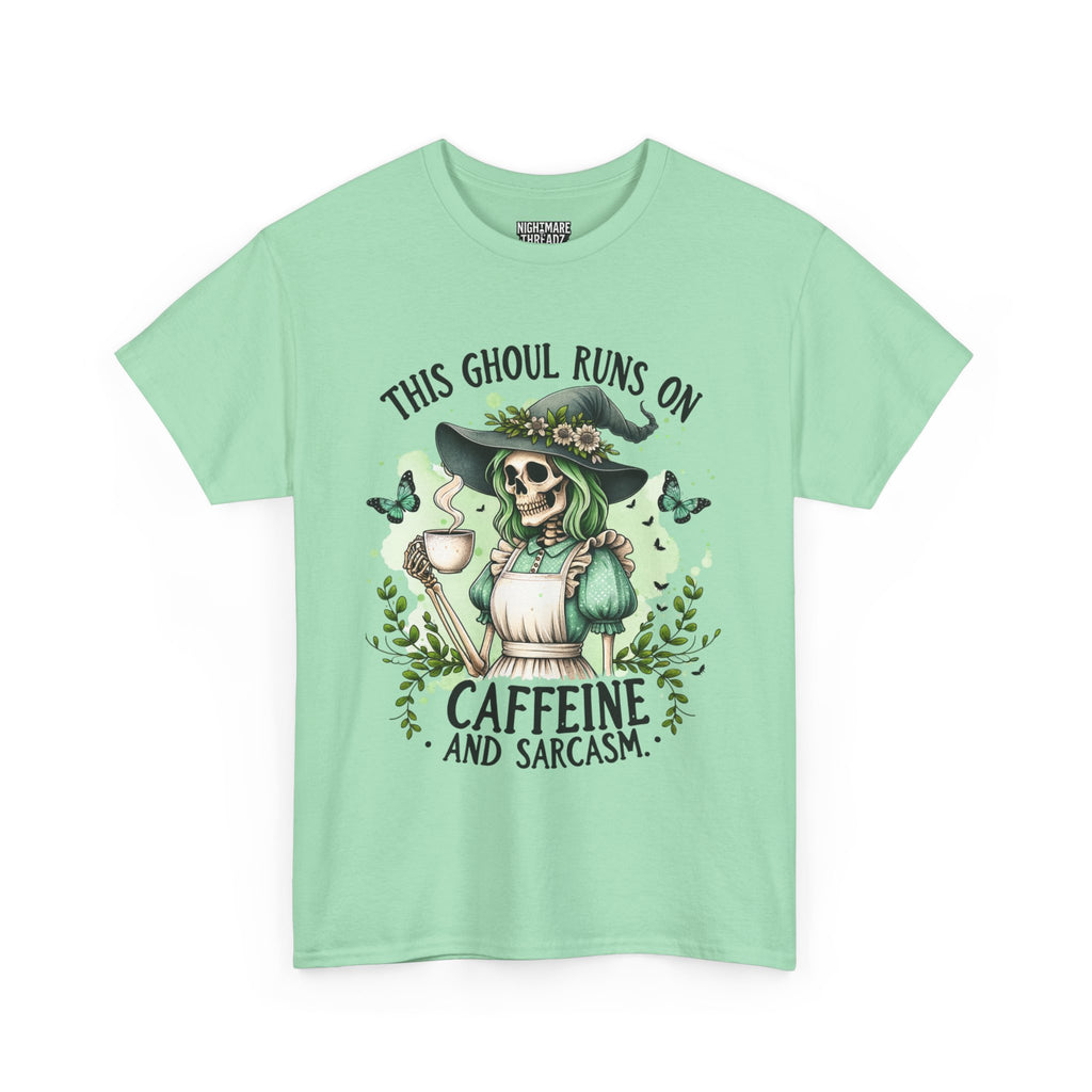 Caffeine and Sarcasm, Funny Halloween Tee, Unisex Tee, Perfect for Gifting, October Festivities, Casual Wear, Skeleton Graphic Tee
