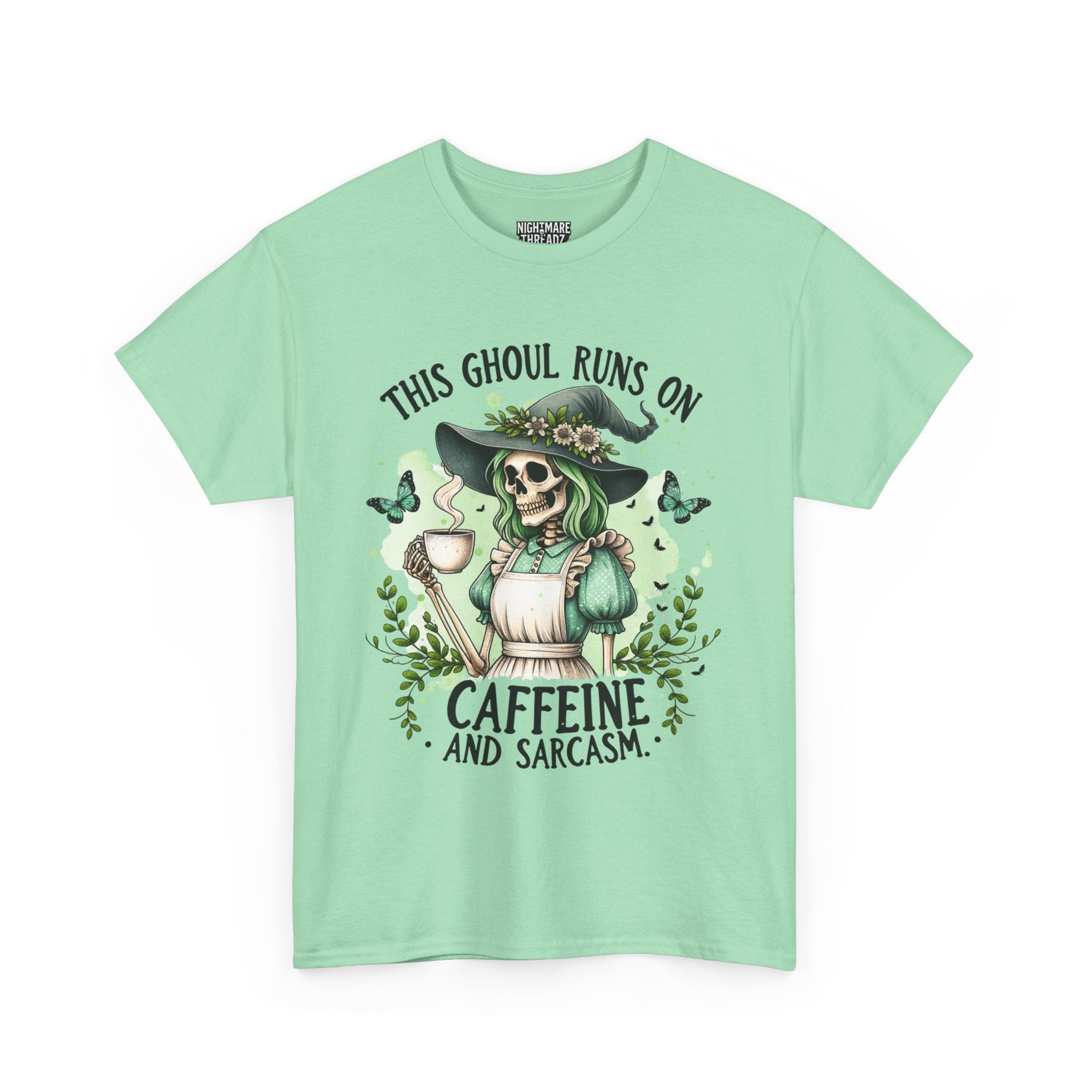 Caffeine and Sarcasm, Funny Halloween Tee, Unisex Tee, Perfect for Gifting, October Festivities, Casual Wear, Skeleton Graphic Tee