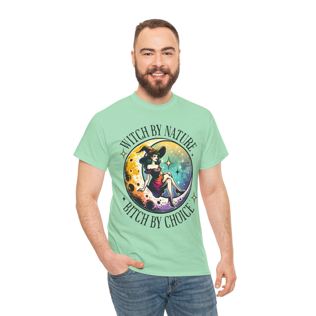 Witchy Cotton Tee - "Witch by Nature, Bitch by Choice" | Unisex Tee for Spooky Season, Boho Fashion, Festival Wear, Gift for Witches