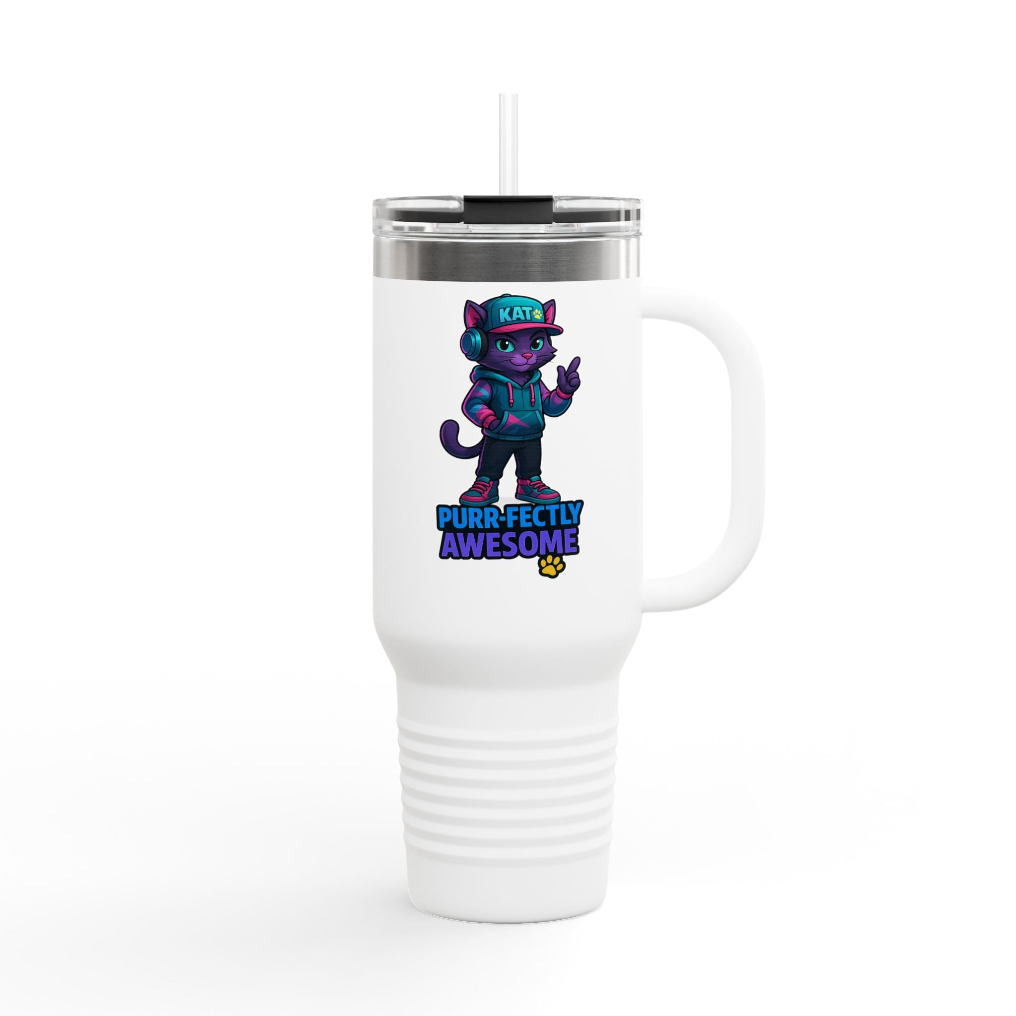DJ KAT PAWS Purr-fectly Awesome | Travel Mug  - for Cat Lovers, 40oz Insulated Tumbler, Perfect for Road Trips, Gifts for Pet Owners.