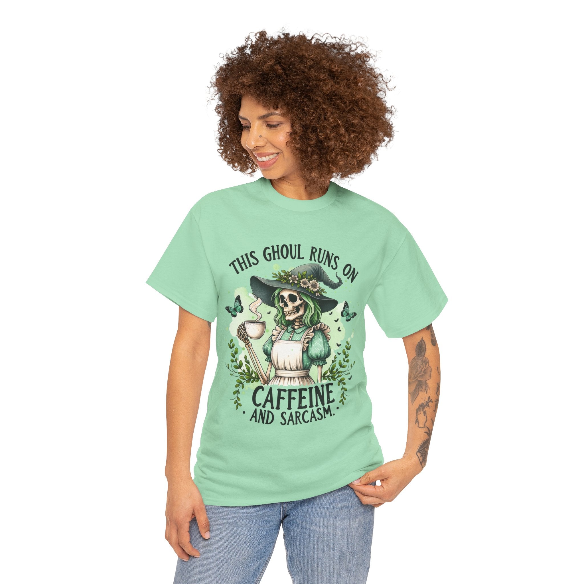 Caffeine and Sarcasm, Funny Halloween Tee, Unisex Tee, Perfect for Gifting, October Festivities, Casual Wear, Skeleton Graphic Tee