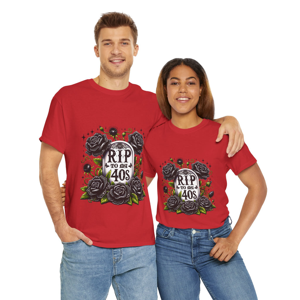 RIP to My 40s Tee, Heavy, Unisex Graphic Shirt, Birthday Gift, Casual Wear, Vintage Style, Floral Design T-shirt