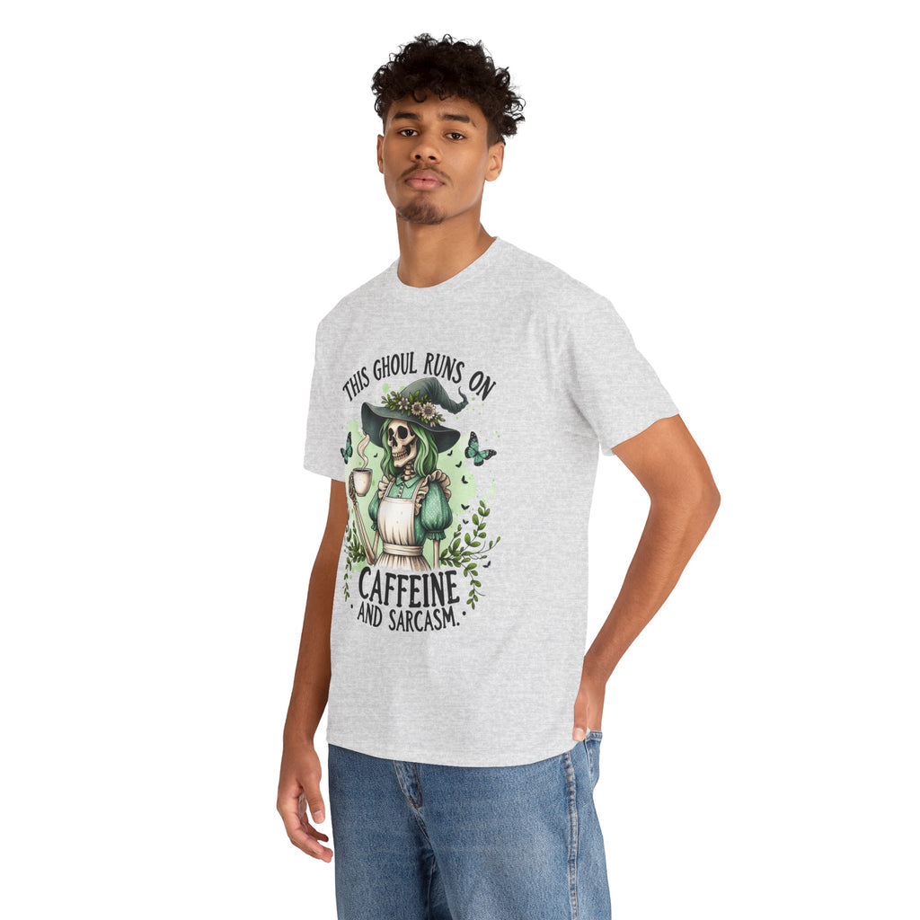 Caffeine and Sarcasm, Funny Halloween Tee, Unisex Tee, Perfect for Gifting, October Festivities, Casual Wear, Skeleton Graphic Tee