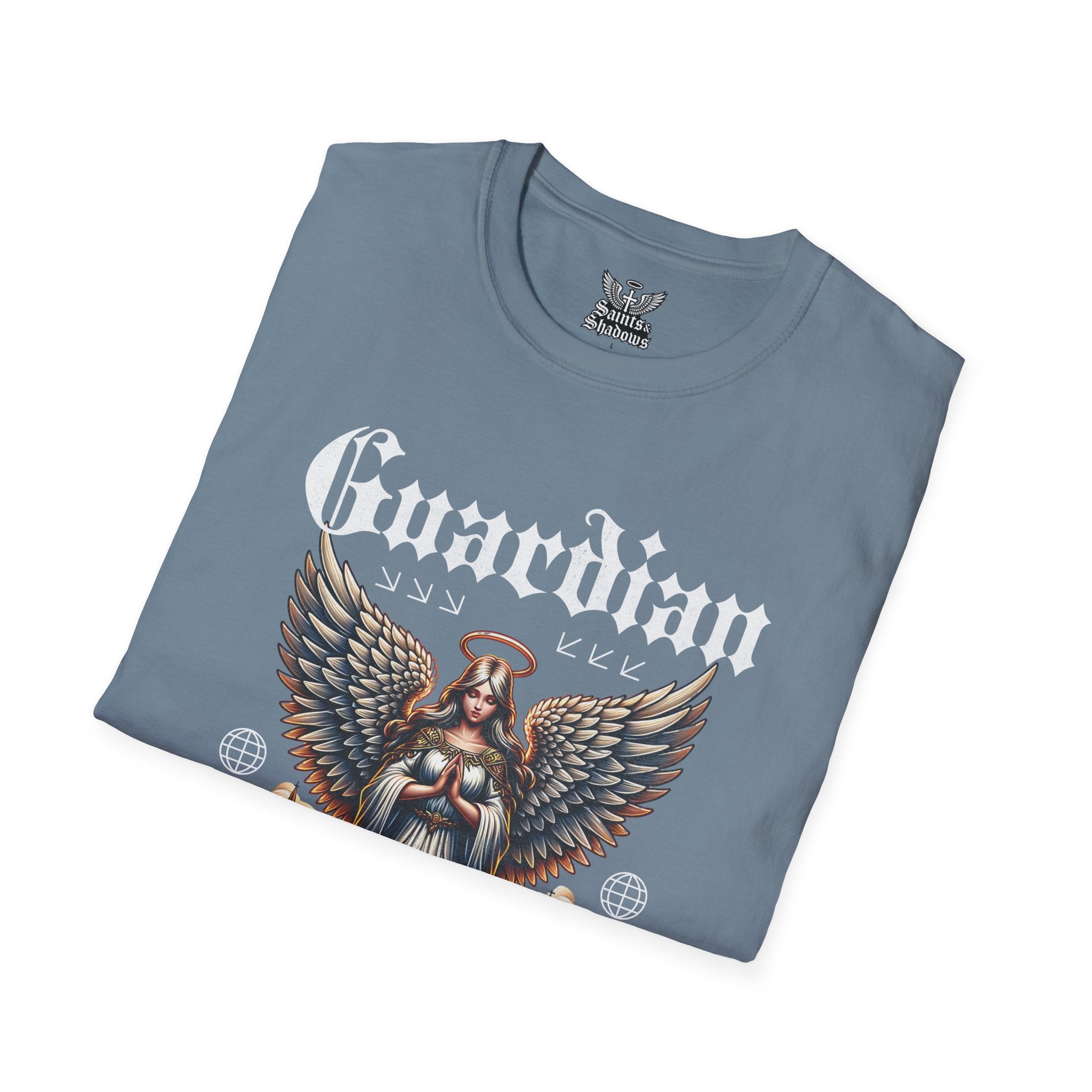 Saints and Shadows - Guardian of the Skyline, Angelic Artwork Unisex Softstyle T-Shirt, Casual Wear