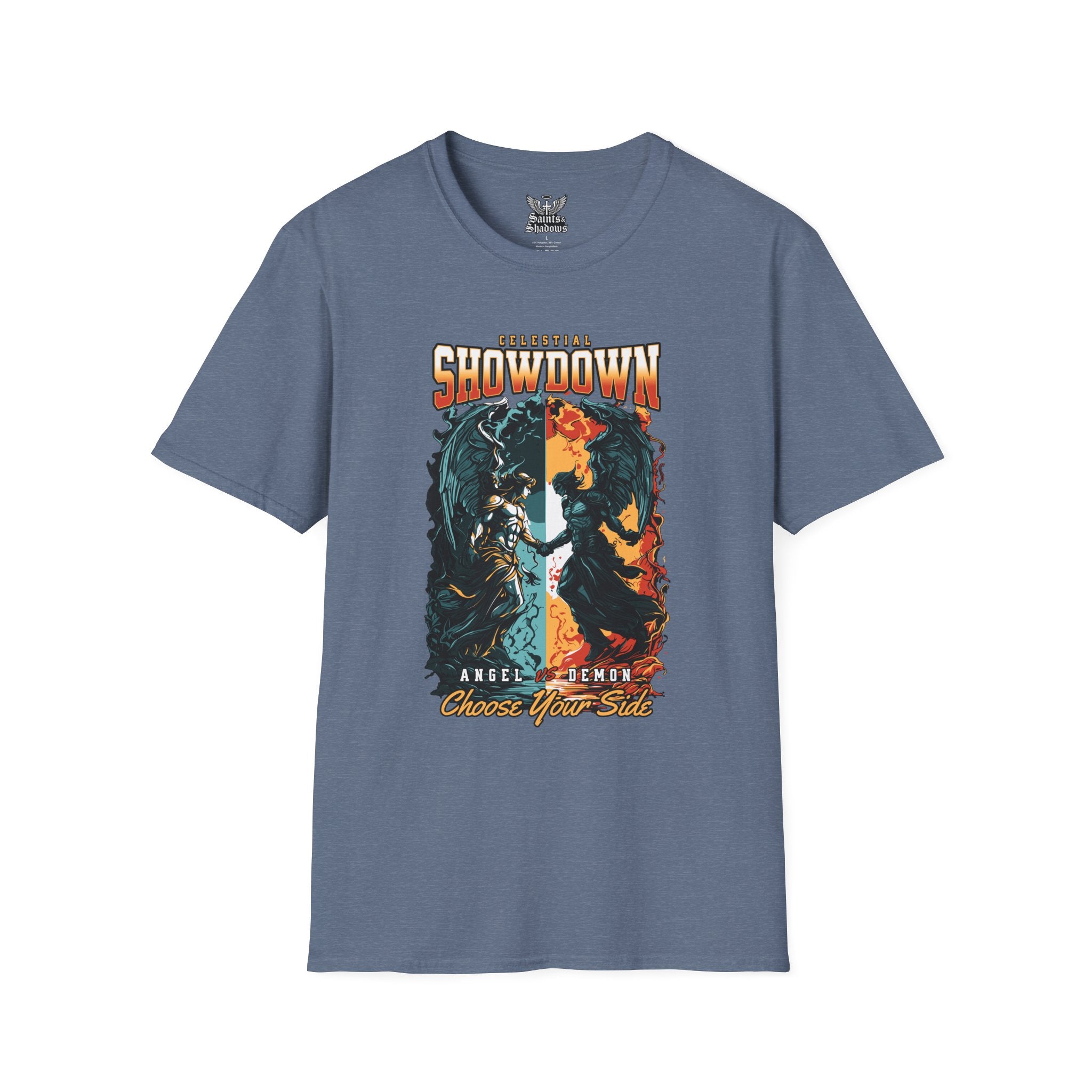 Saints and Shadows - Epic Showdown, Angelic Artwork Unisex Softstyle T-Shirt, Casual Wear