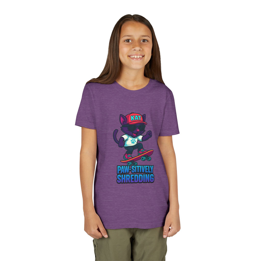 DJ KAT PAWS Paw-sitively Shredding, Skateboarding Youth Tee | Fun Summer Shirt, Motivational Kids T-Shirt, Birthday Gift for Boys & Girls