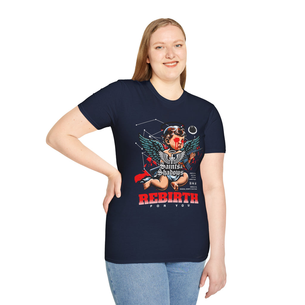 Saints and Shadows - Rebirth, Angelic Artwork Unisex Softstyle T-Shirt, Casual Wear