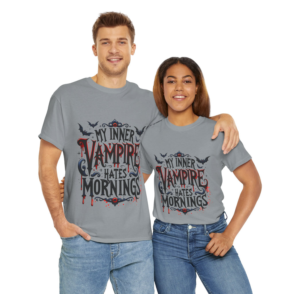My Inner Vampire Hates Mornings, Tee - Unisex Heavy Cotton Shirt for Halloween, Gifts, Casual Wear, Funny T-Shirt, Vampire Lover Apparel