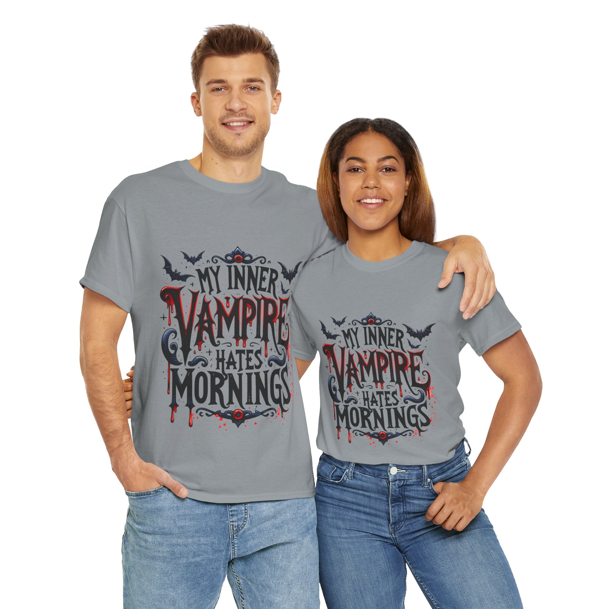My Inner Vampire Hates Mornings, Tee - Unisex Heavy Cotton Shirt for Halloween, Gifts, Casual Wear, Funny T-Shirt, Vampire Lover Apparel