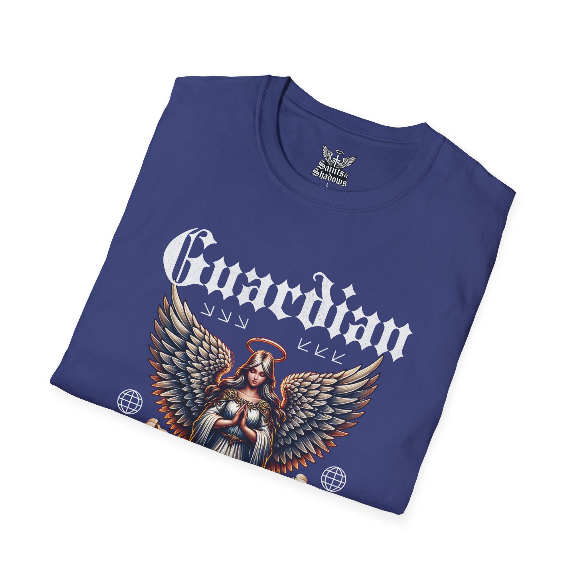 Saints and Shadows - Guardian of the Skyline, Angelic Artwork Unisex Softstyle T-Shirt, Casual Wear