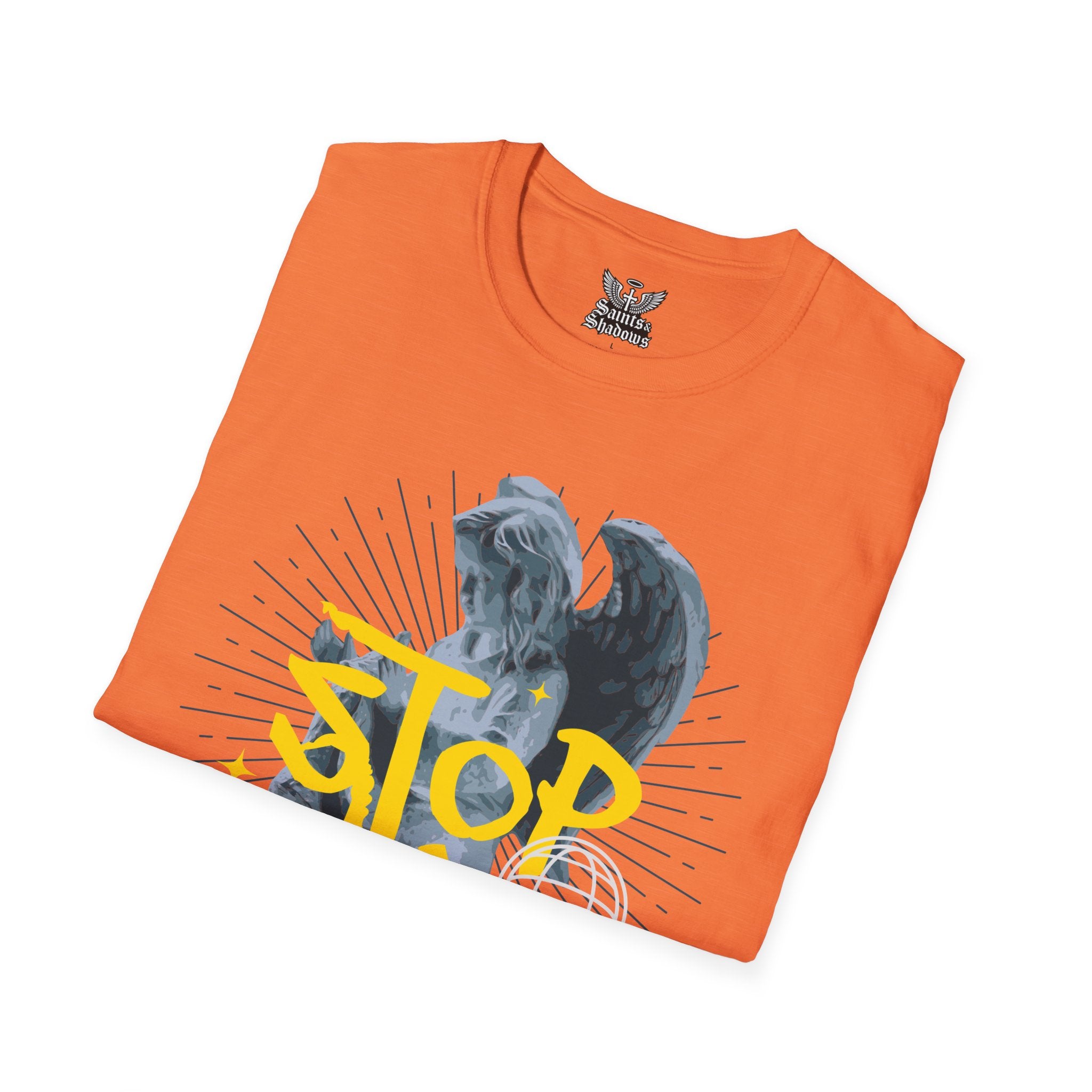 Saints and Shadows - Stop Wars, Angelic Artwork Unisex Softstyle T-Shirt, Casual Wear