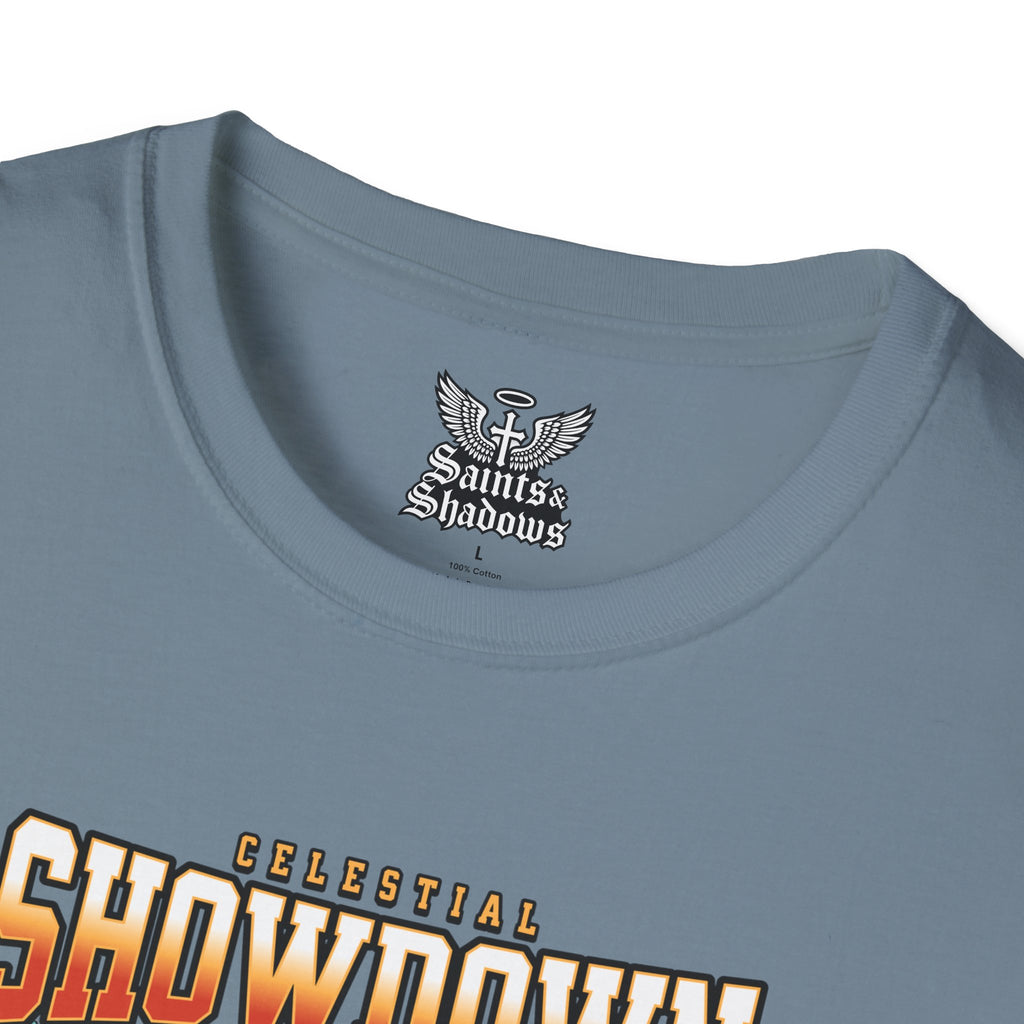 Saints and Shadows - Epic Showdown, Angelic Artwork Unisex Softstyle T-Shirt, Casual Wear