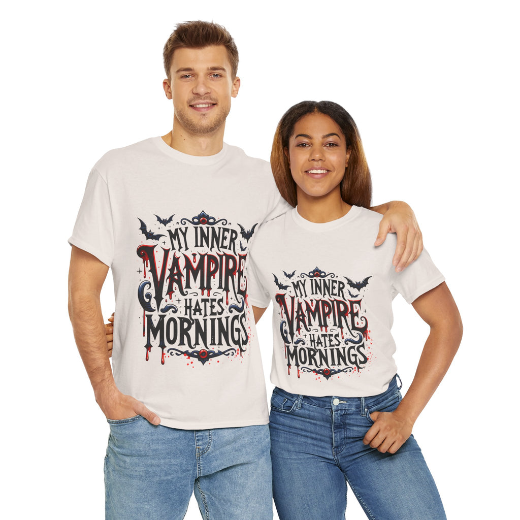 My Inner Vampire Hates Mornings, Tee - Unisex Heavy Cotton Shirt for Halloween, Gifts, Casual Wear, Funny T-Shirt, Vampire Lover Apparel