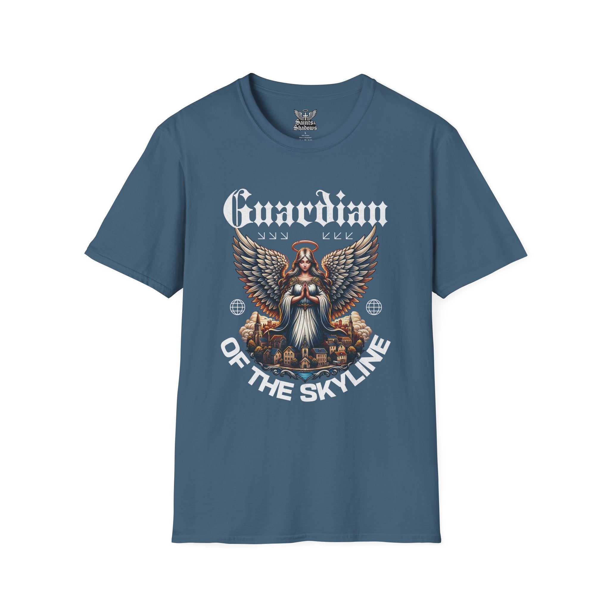 Saints and Shadows - Guardian of the Skyline, Angelic Artwork Unisex Softstyle T-Shirt, Casual Wear