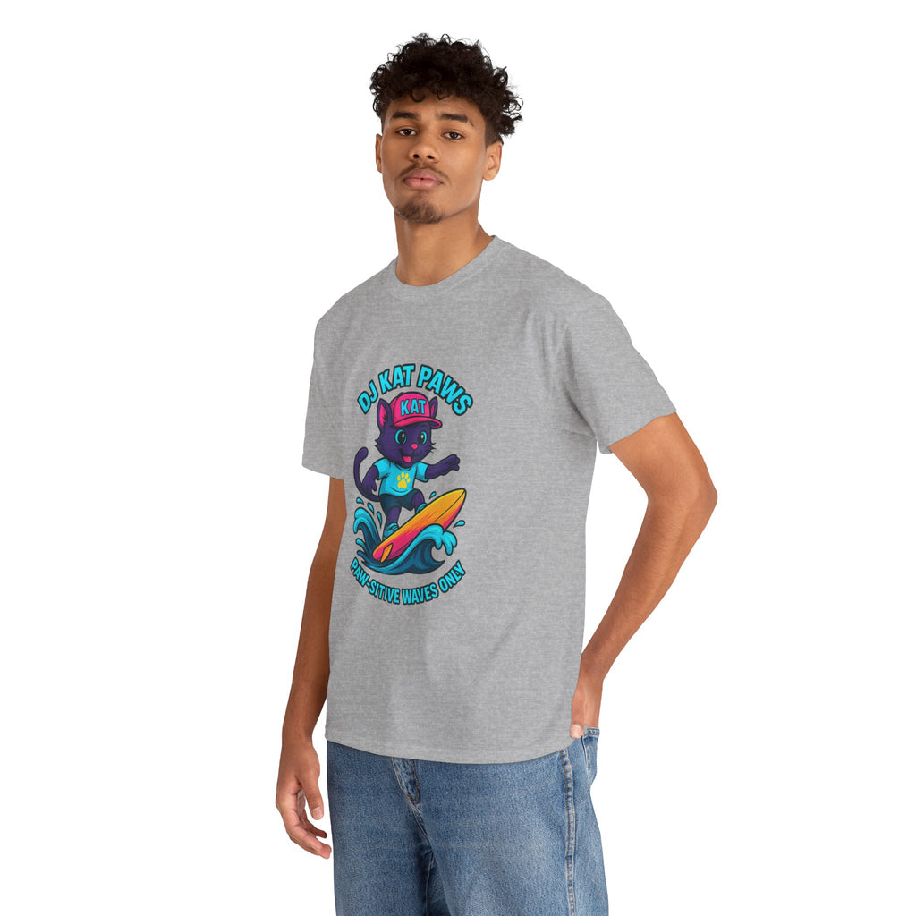 DJ KAT PAWS Surfing Fun T-Shirt | Stay Cool, Have Fun, Play Safe, Be You! | Fun Summer Tee, Gift for Cat Lovers, Beach Vibes