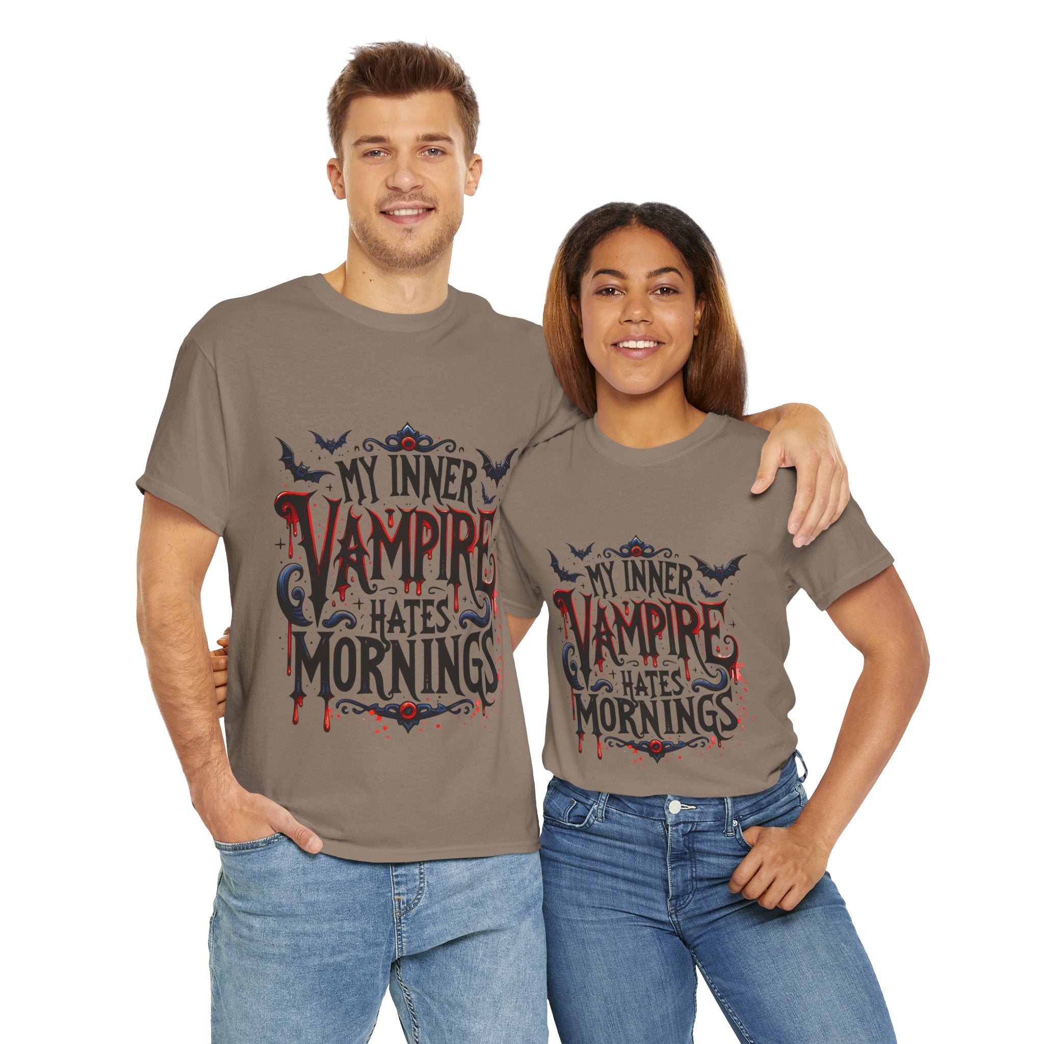 My Inner Vampire Hates Mornings, Tee - Unisex Heavy Cotton Shirt for Halloween, Gifts, Casual Wear, Funny T-Shirt, Vampire Lover Apparel